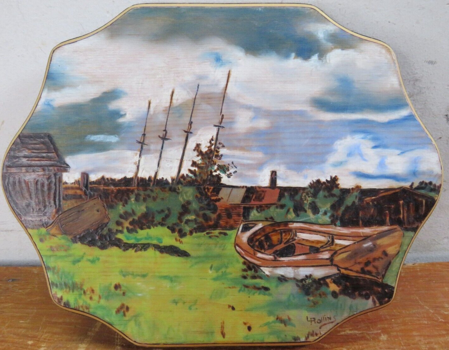Vintage Sailboat Shipyard Wood Carving/Burning/Painting 12inx9in L. Rollins