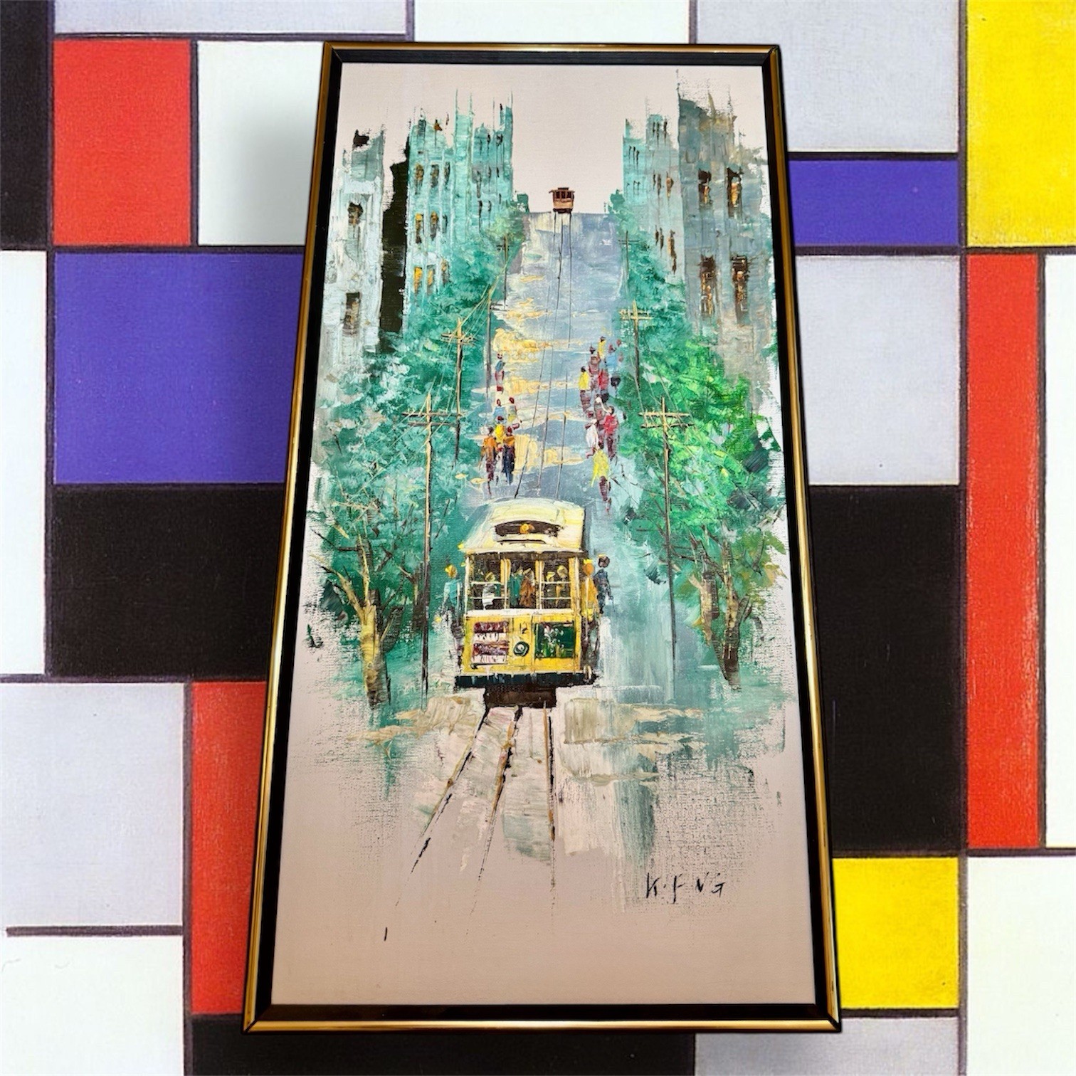 Vtg Kee Fung Ng Painting San Francisco Trolley Cable Car MCM Art Oil On Canvas