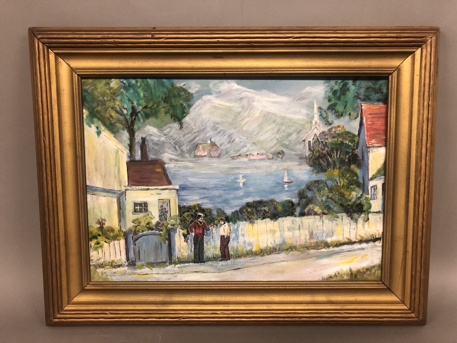 Primitive O/C Painting Of A Harbor W/Mountains 19 1/2” X 25 1/2” X 1 1/2”