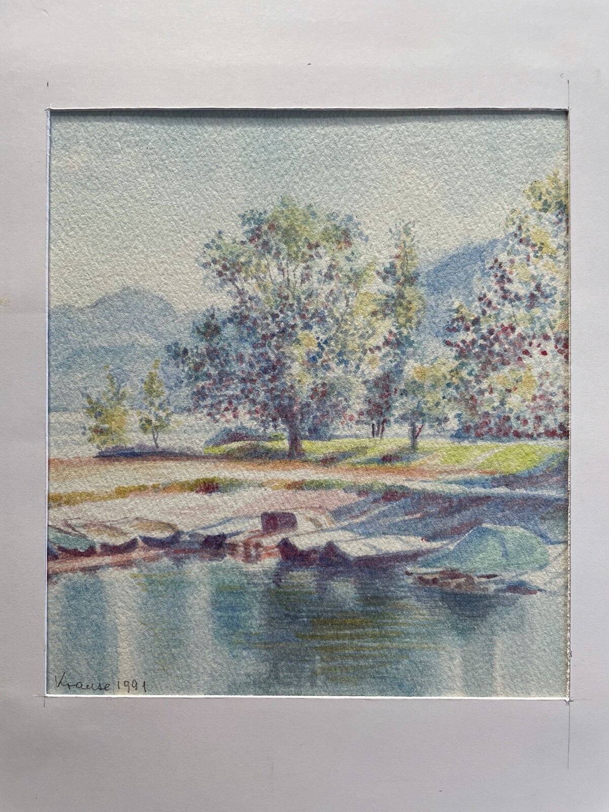 Naturalist Lakeside Trees on the Shore Mountains Sky Watercolor Krause 1991
