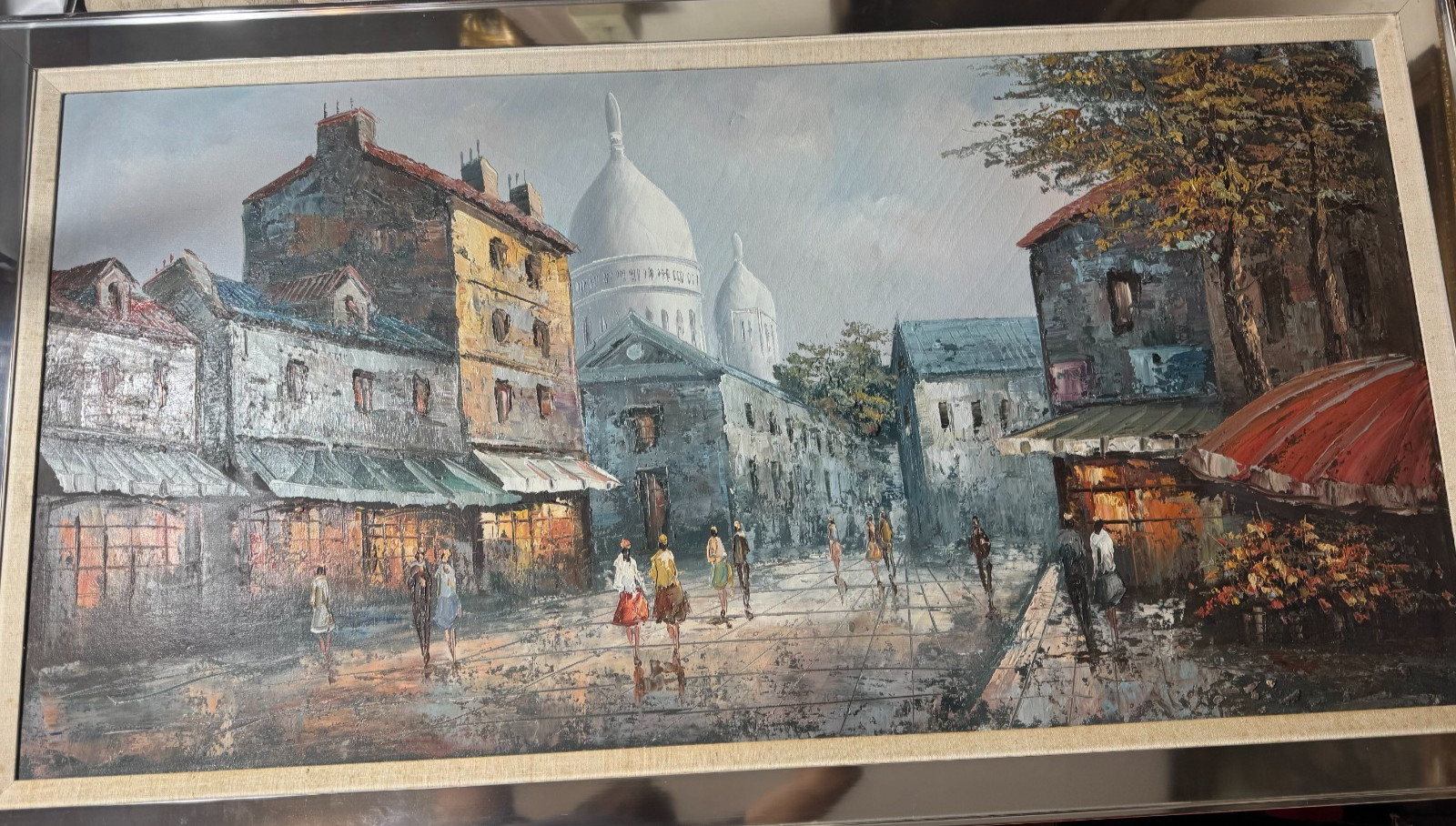 Huge Paris Street Scene Oil Painting Sacre Coeur Many Figures Wall Art Framed