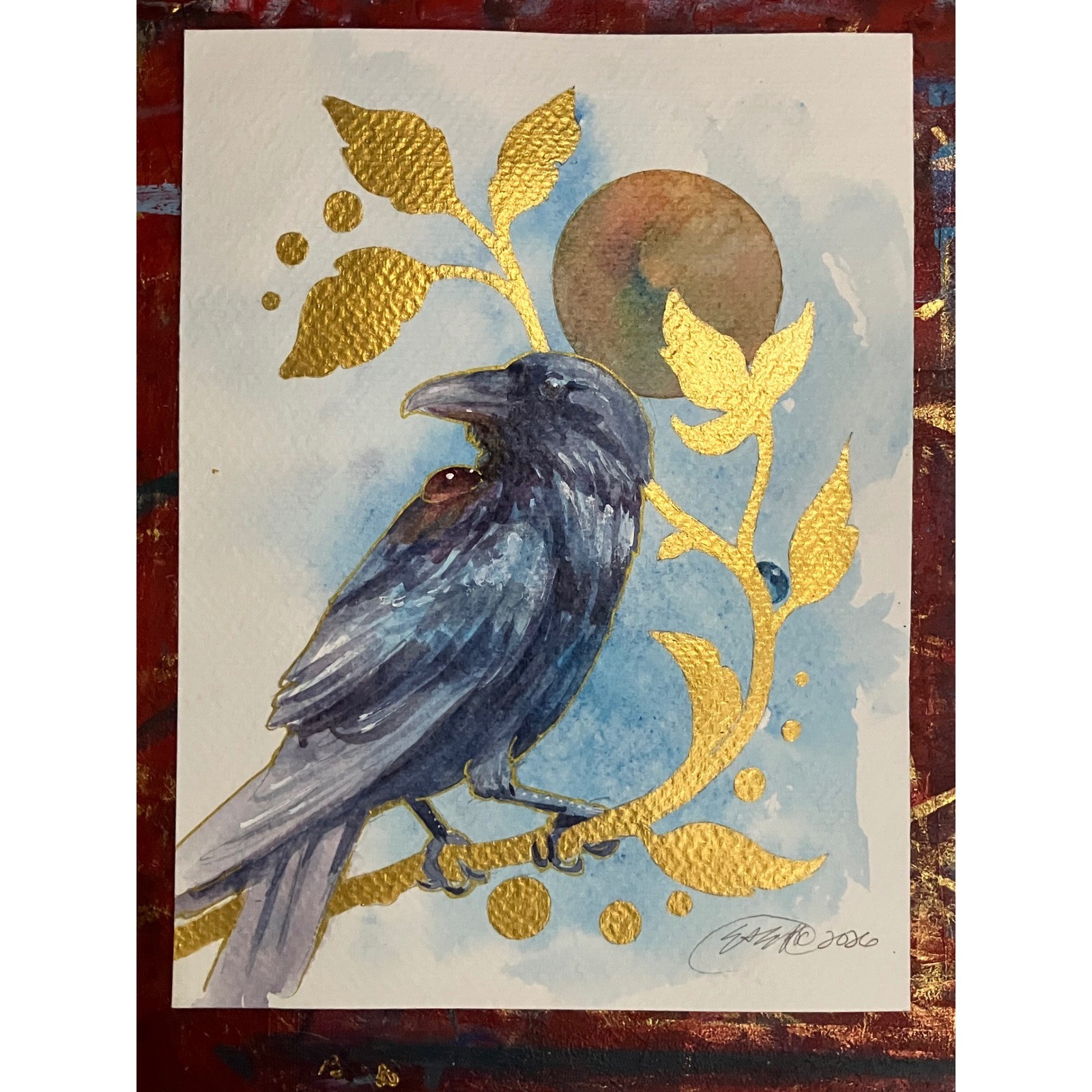 Original Raven Watercolor Painting Crow Art Gold accents Mixed Media Artwork USA