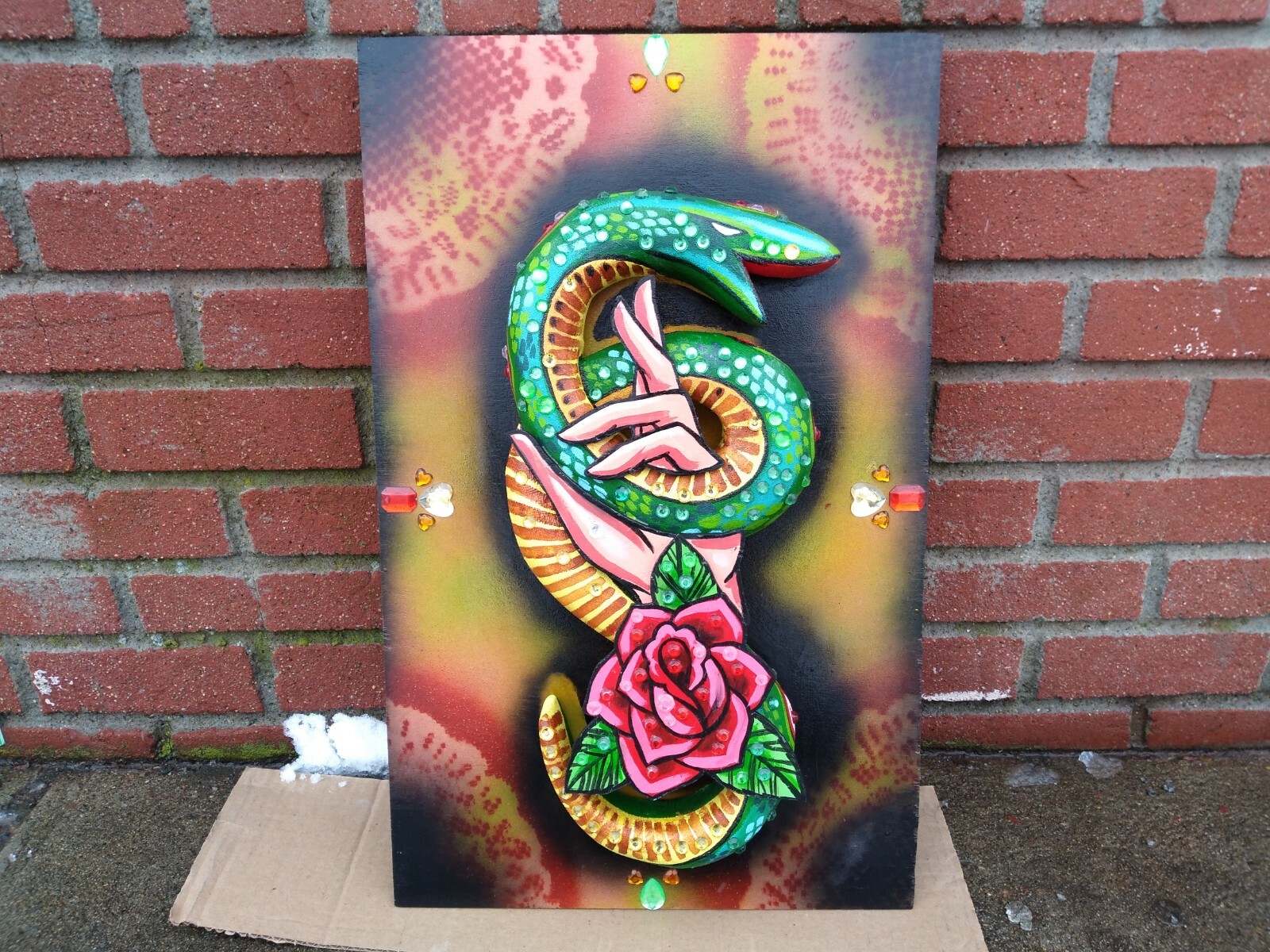 Original 3D painting/sculpture snake serpent rose hand trust fate tattoo fire