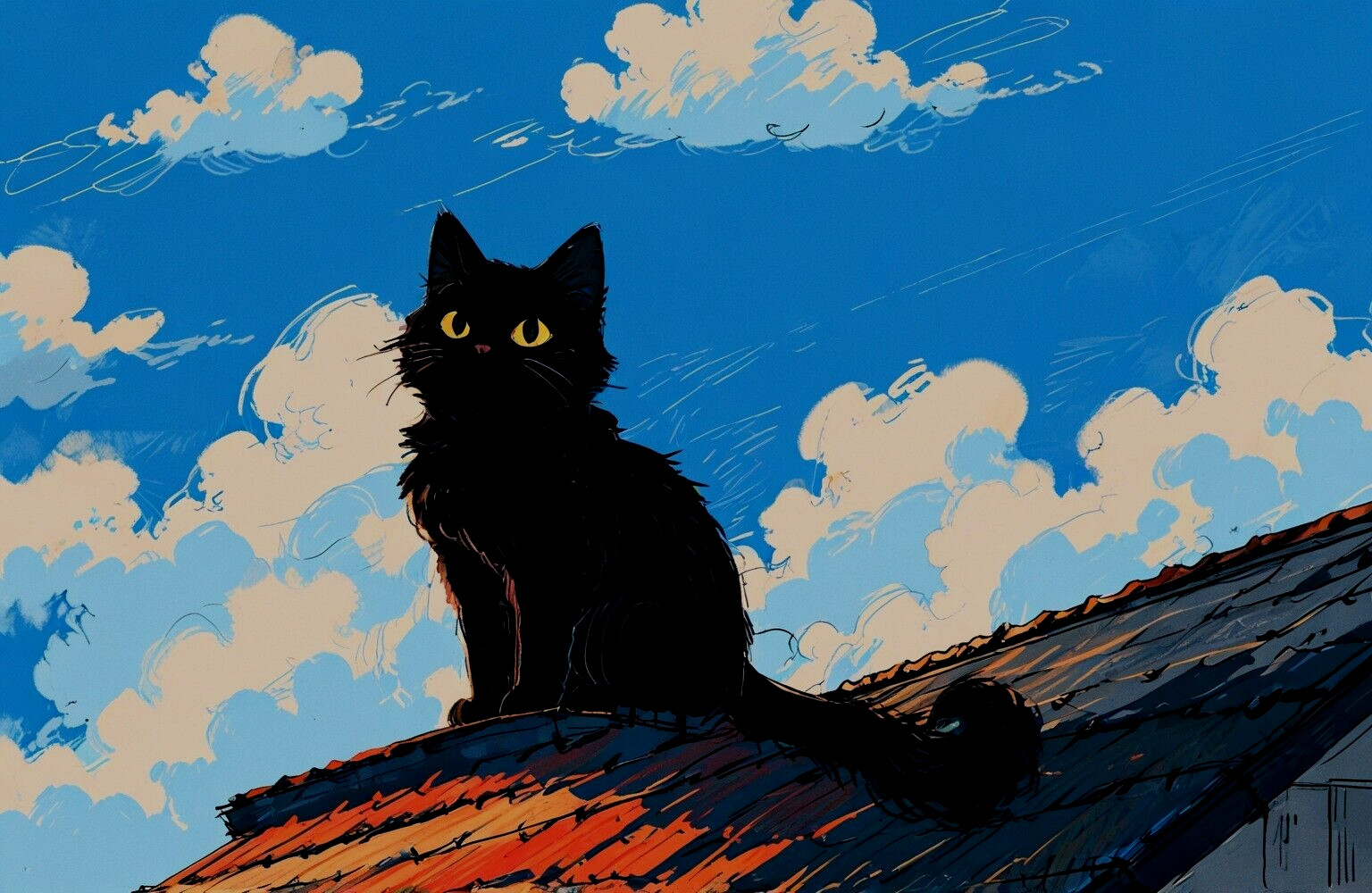 ACEO Mini *Art Print* Black Cat Kitten Blue Sky White Clouds Rooftop by Saulite