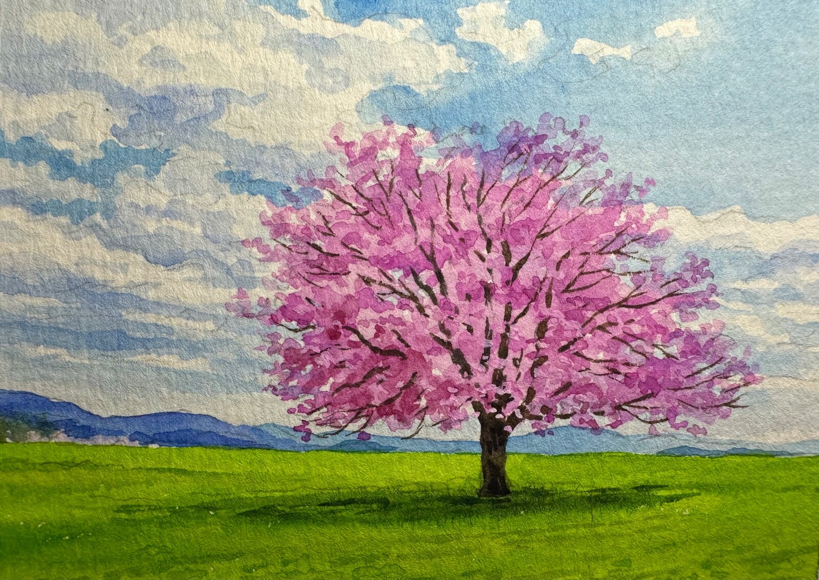 Watercolor Painting Landscape Flowering Blooming Tree Nature Art No.95