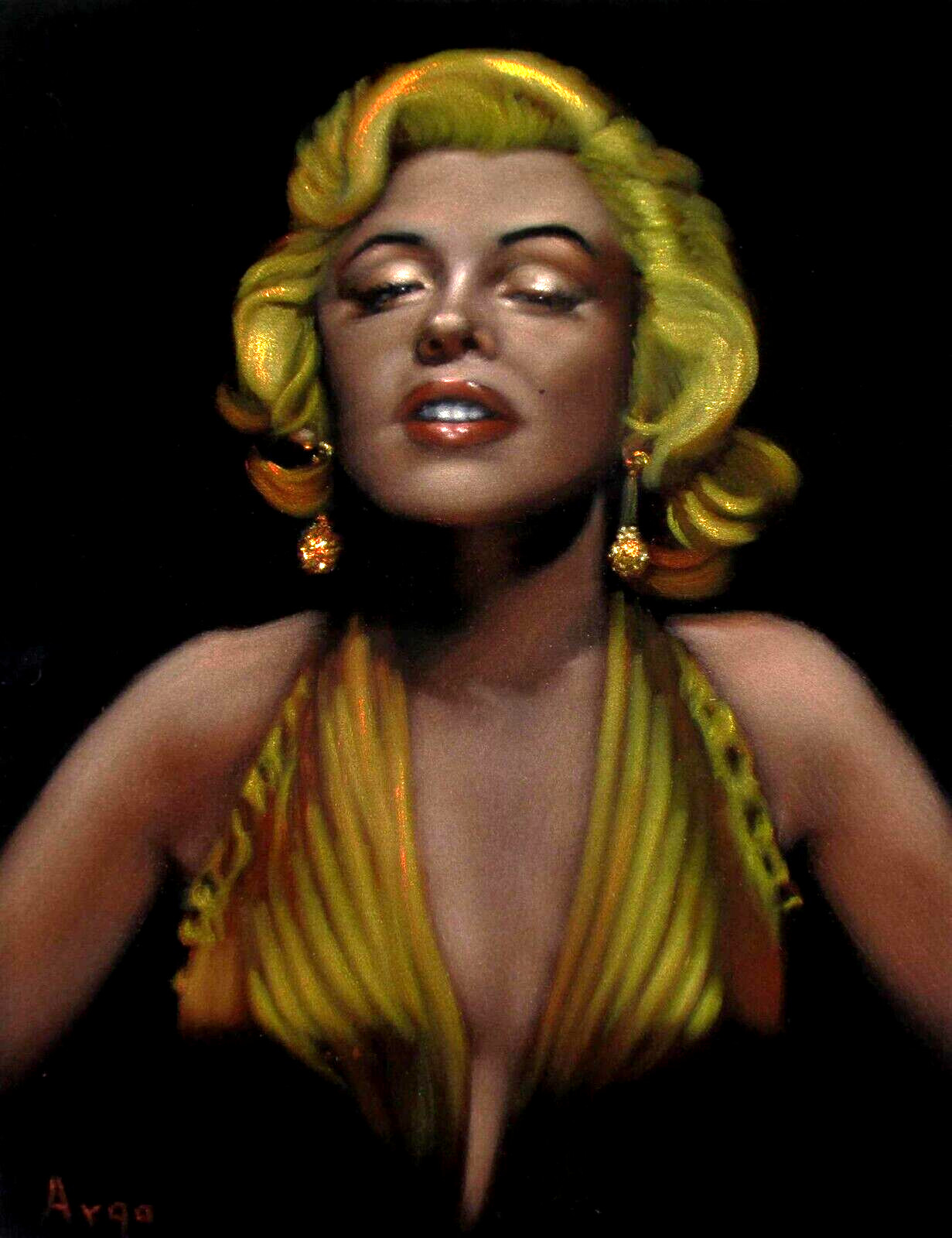 Marilyn Monroe in gold dress by Argo, size 18×24, original oil on black velvet