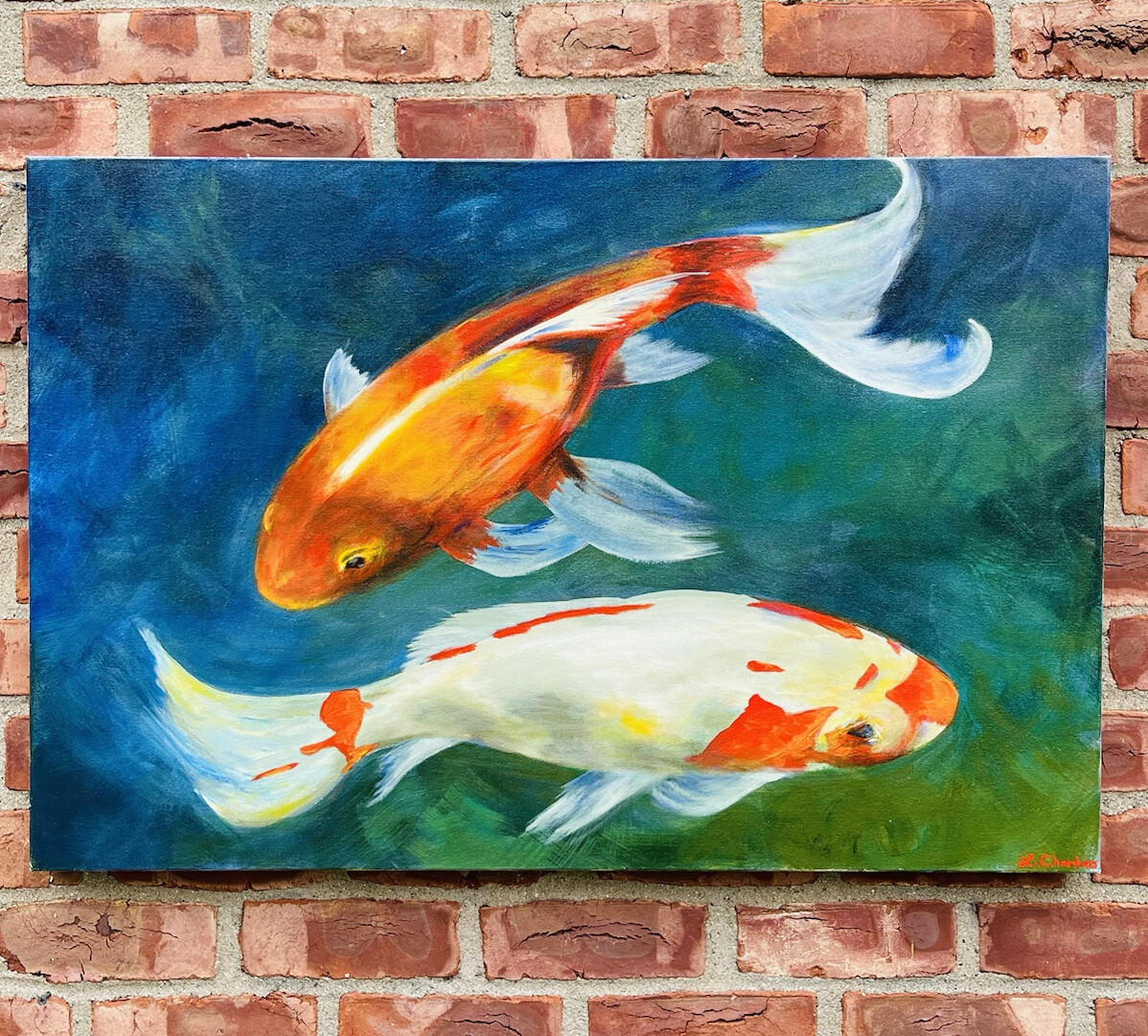 Wonderful O/C Painting of Koi Fish. Signed L. Chambers. Hudson Valley New York