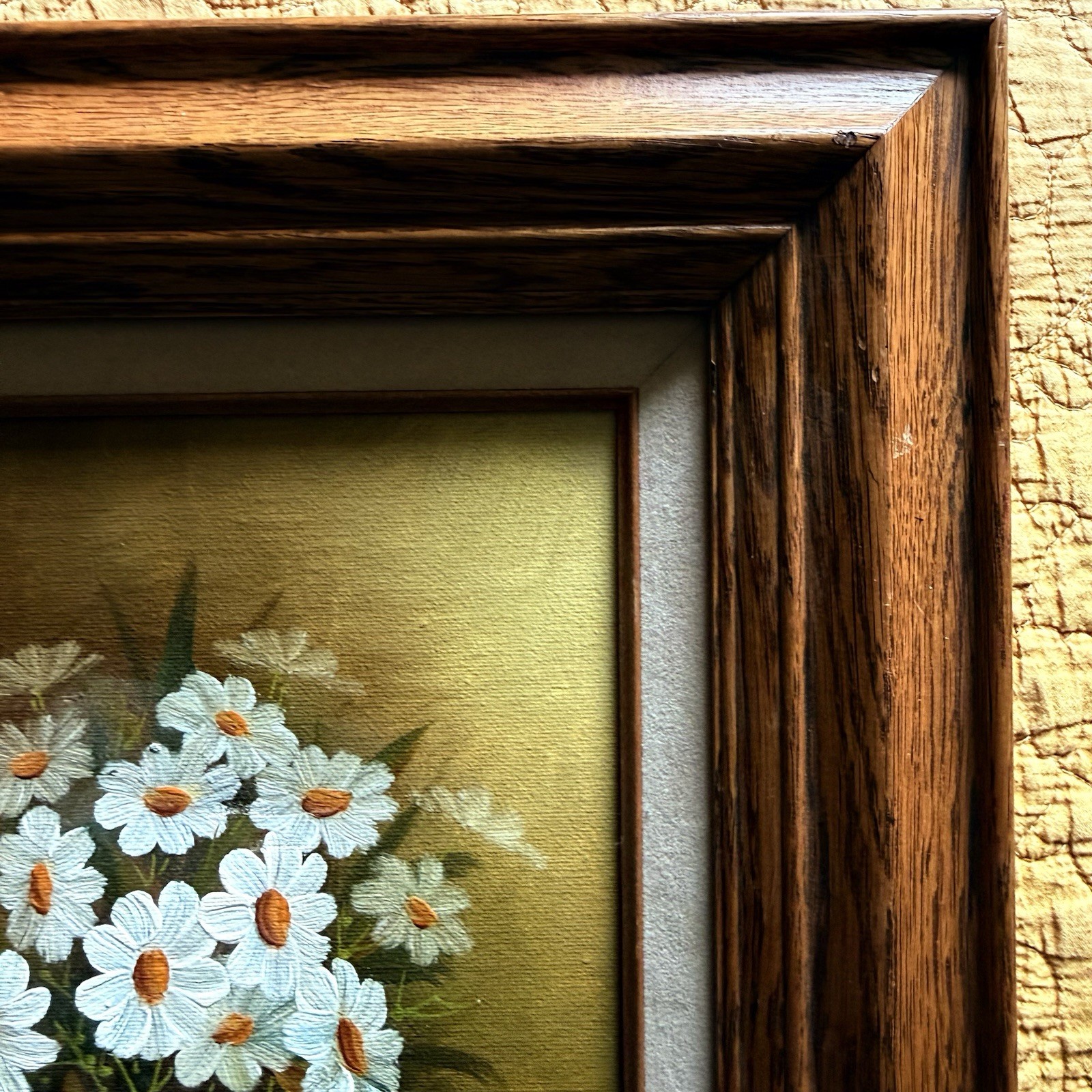 Vtg Wood Framed Painting With Linen Liner White Daisies In Basket Signed 13”x15”