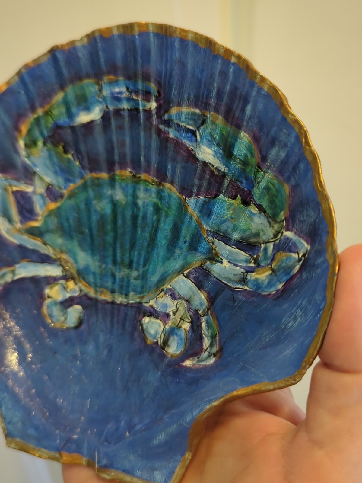 Hand Painted Art Blue Shell Crab on Scallop Seashell RAMFISH Artist