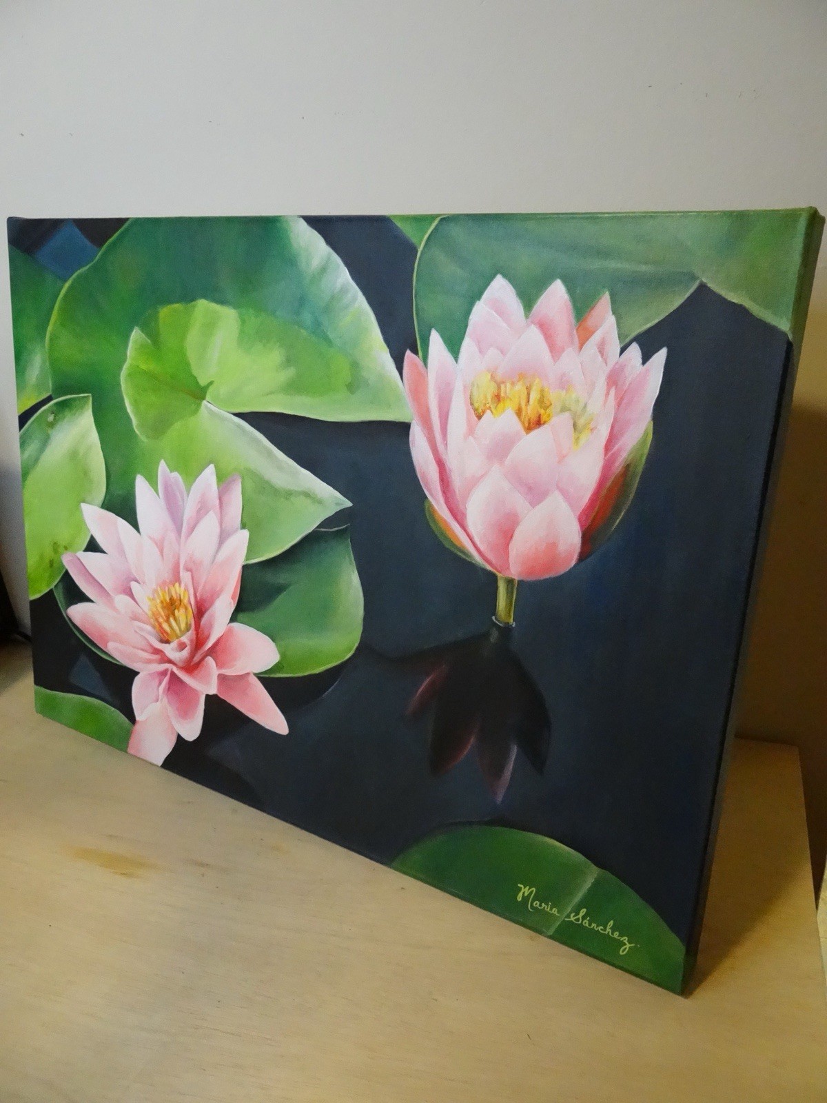Maria Sanchez Signed Realism Painting Pink Water Lilies Canvas, Medium, 20”x28