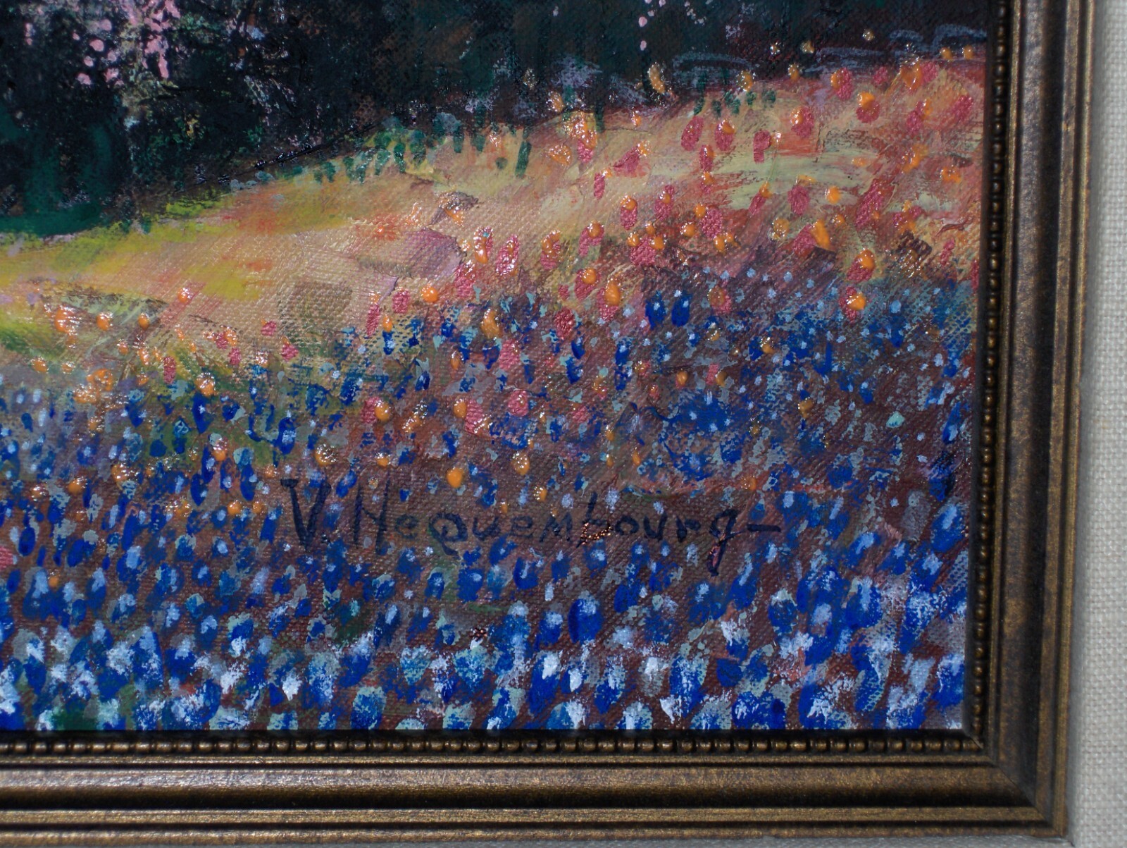 LARGE ORIGINAL Bluebonnet Landscape Lake Creek Blooming Tree Vintag Cnv Painting