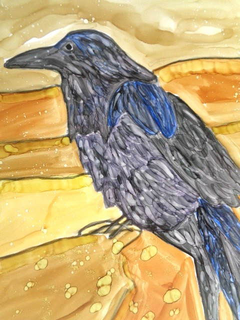 Original PRIMITIVE FOLK ART BLACK CROW RAVEN BIRD Abstract Painting 8X10