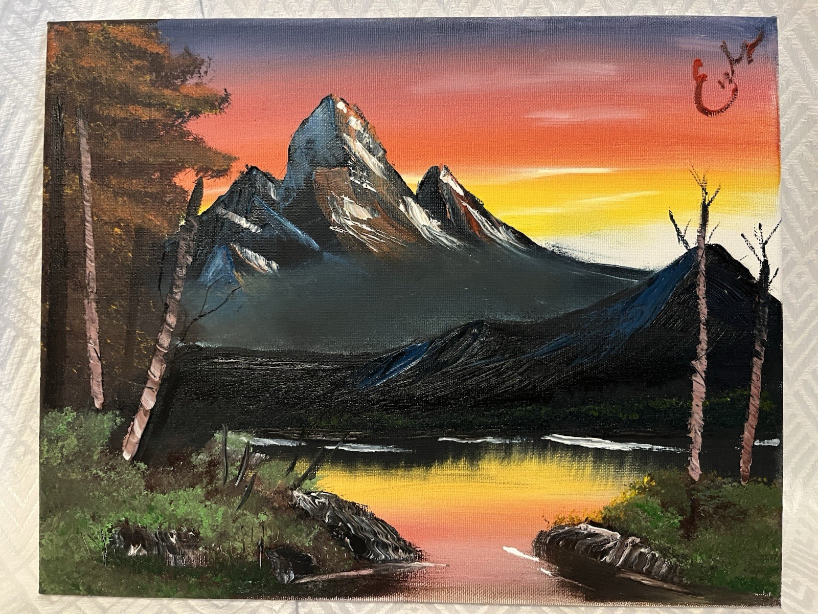 Realism oil Painting on Canvas – Mountain Landscape, Lake, Trees & Sunset