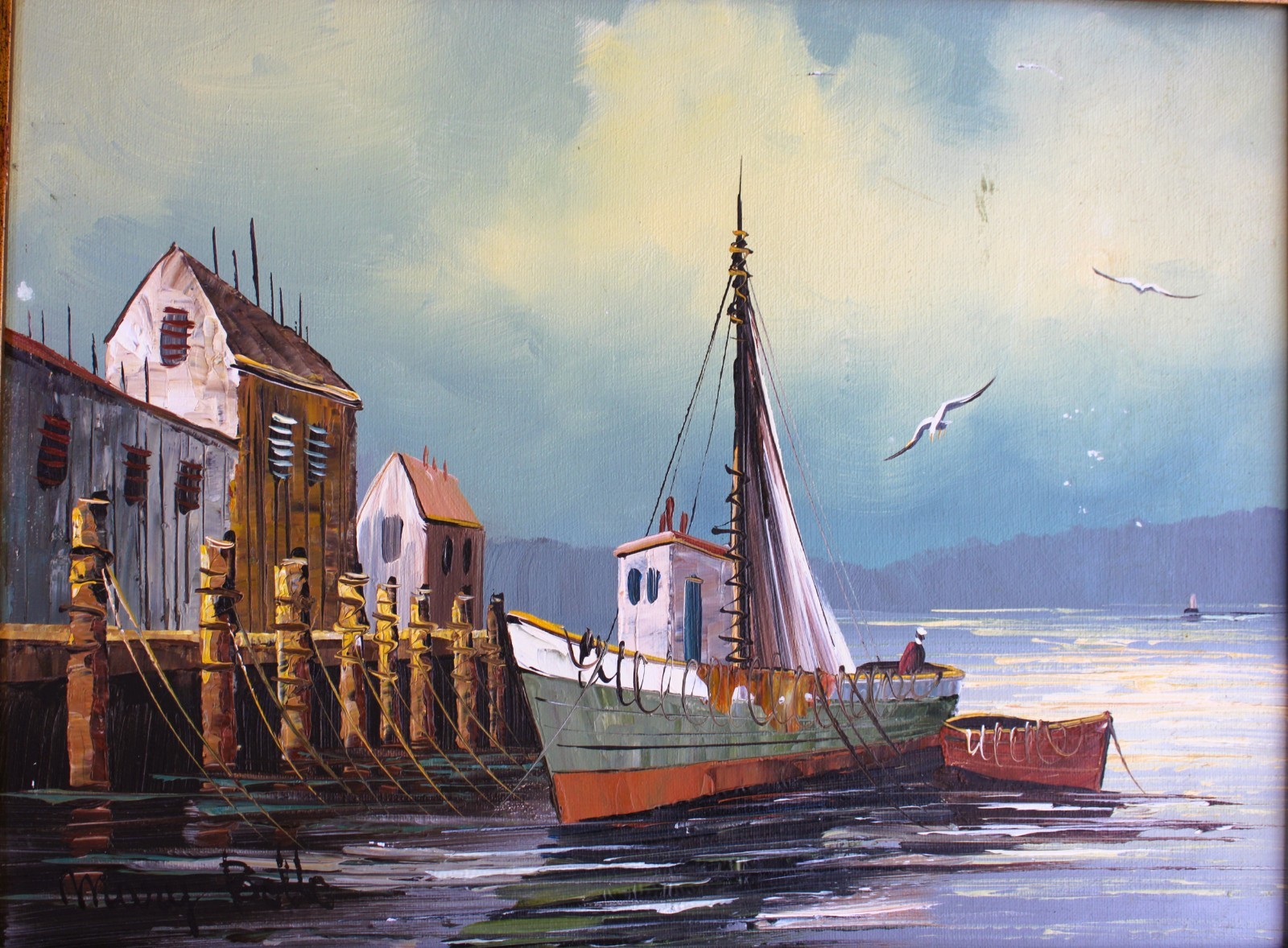 MARY BOTTO 1913-2002 VINTAGE OIL PAINTING CARDBOARD SIGNED HARBOR BOAT PORT PIER
