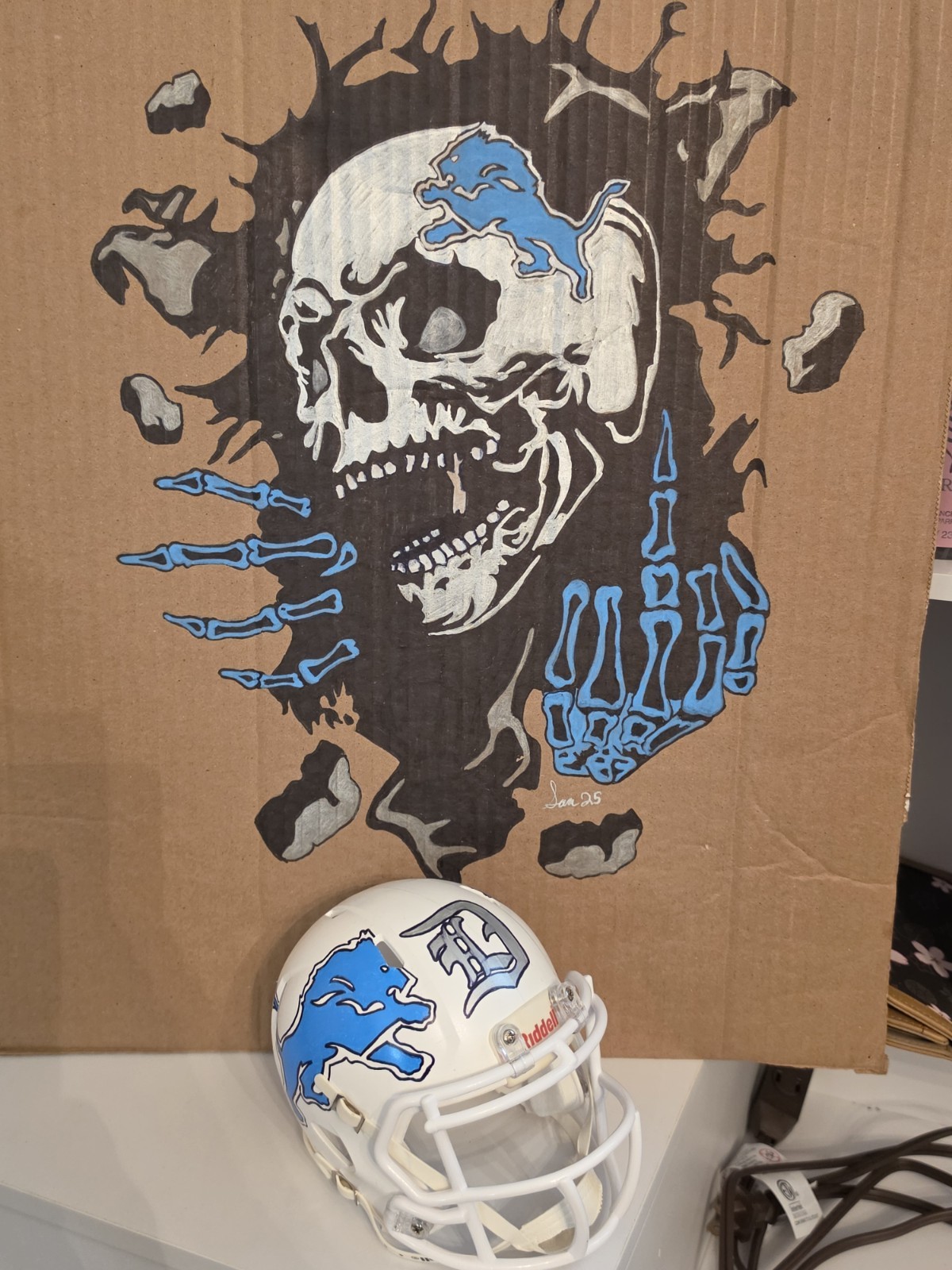 OOAK original Altered Hand Painted Detroit Lions Mini Speed Helmet & Painting