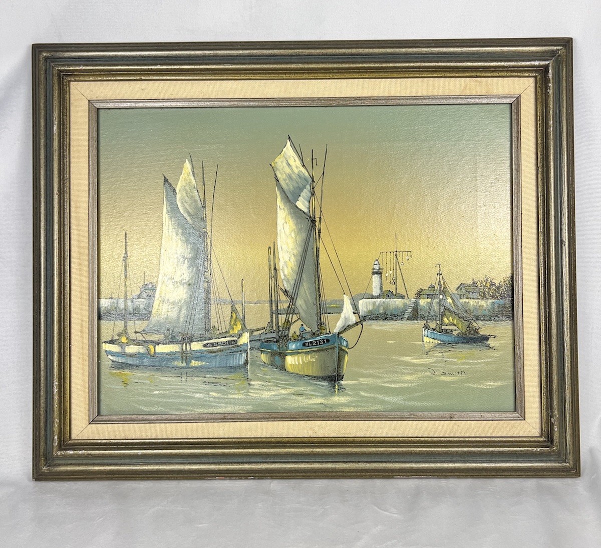 Vintage Oil Painting Harbor Boats Lighthouse 12×16 Signed R Smith Framed 21×17”