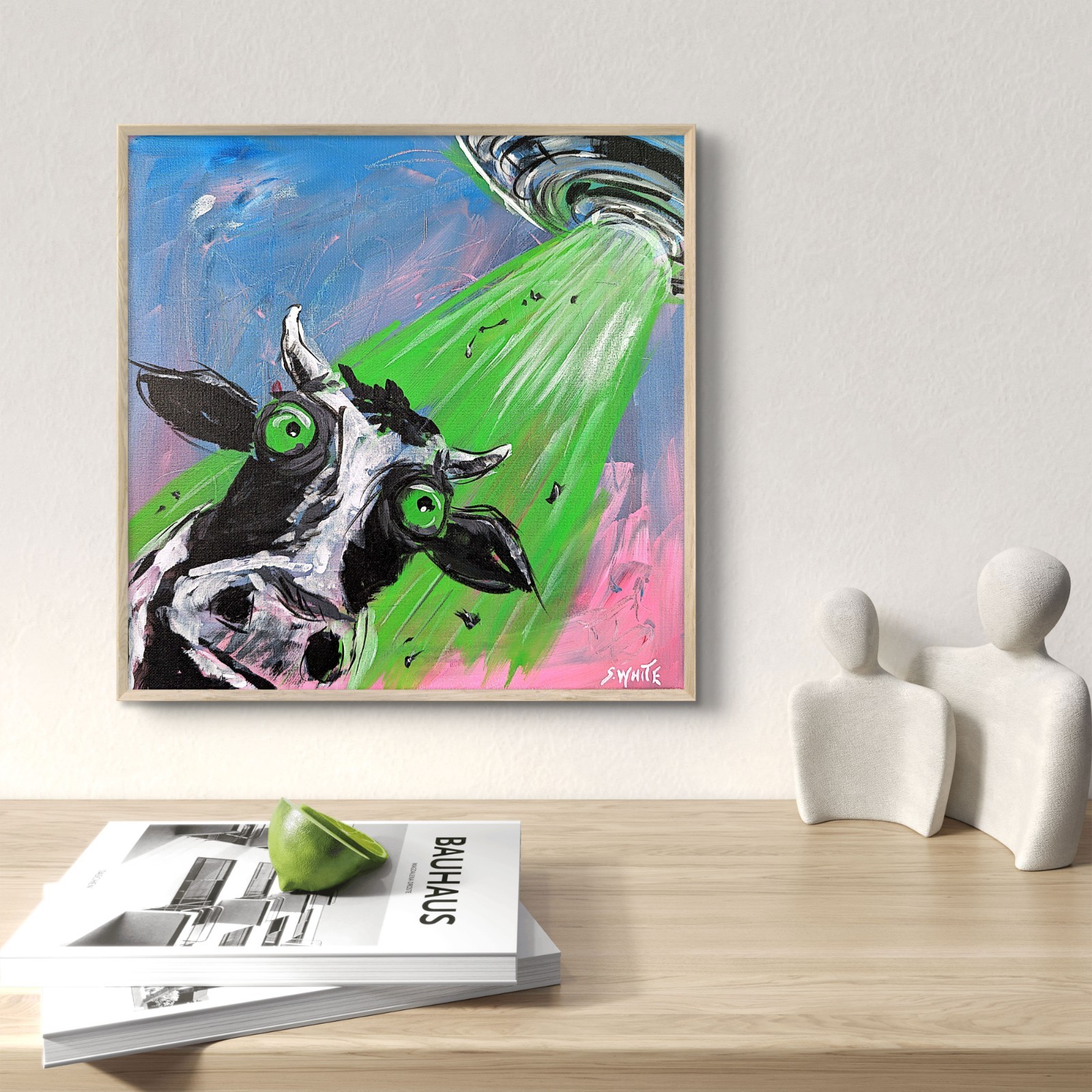 Cow UFO Abduction Original Painting Canvas Alien Pop Art Gestural Expressionism