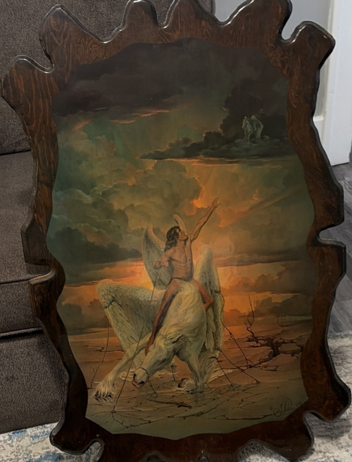 Framed Western Realism Painting Native American Warrior on Horse, Wood Frame