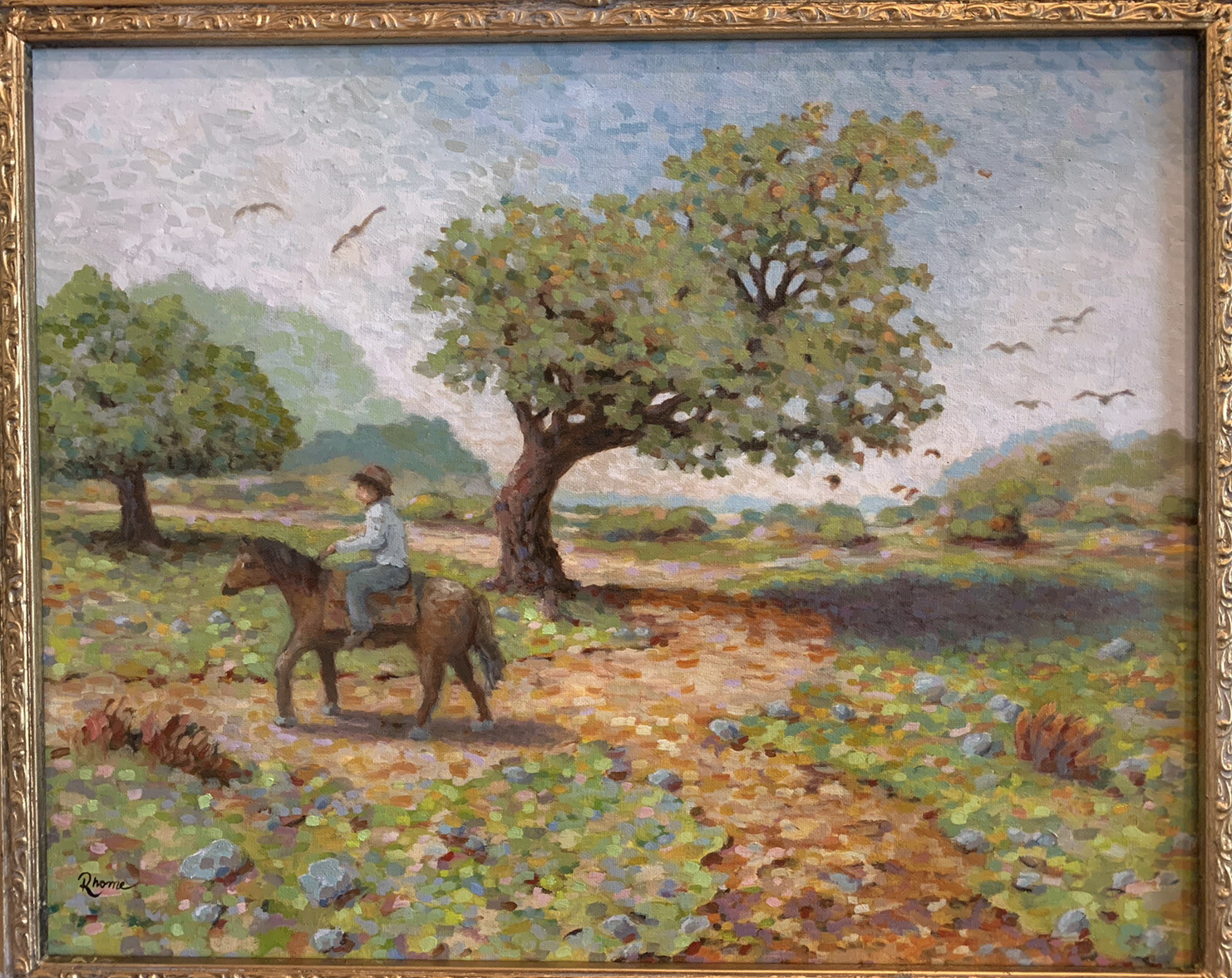 Man On A Horse, Original Oil Painting, Texas Landscape Art, USA, Rhome