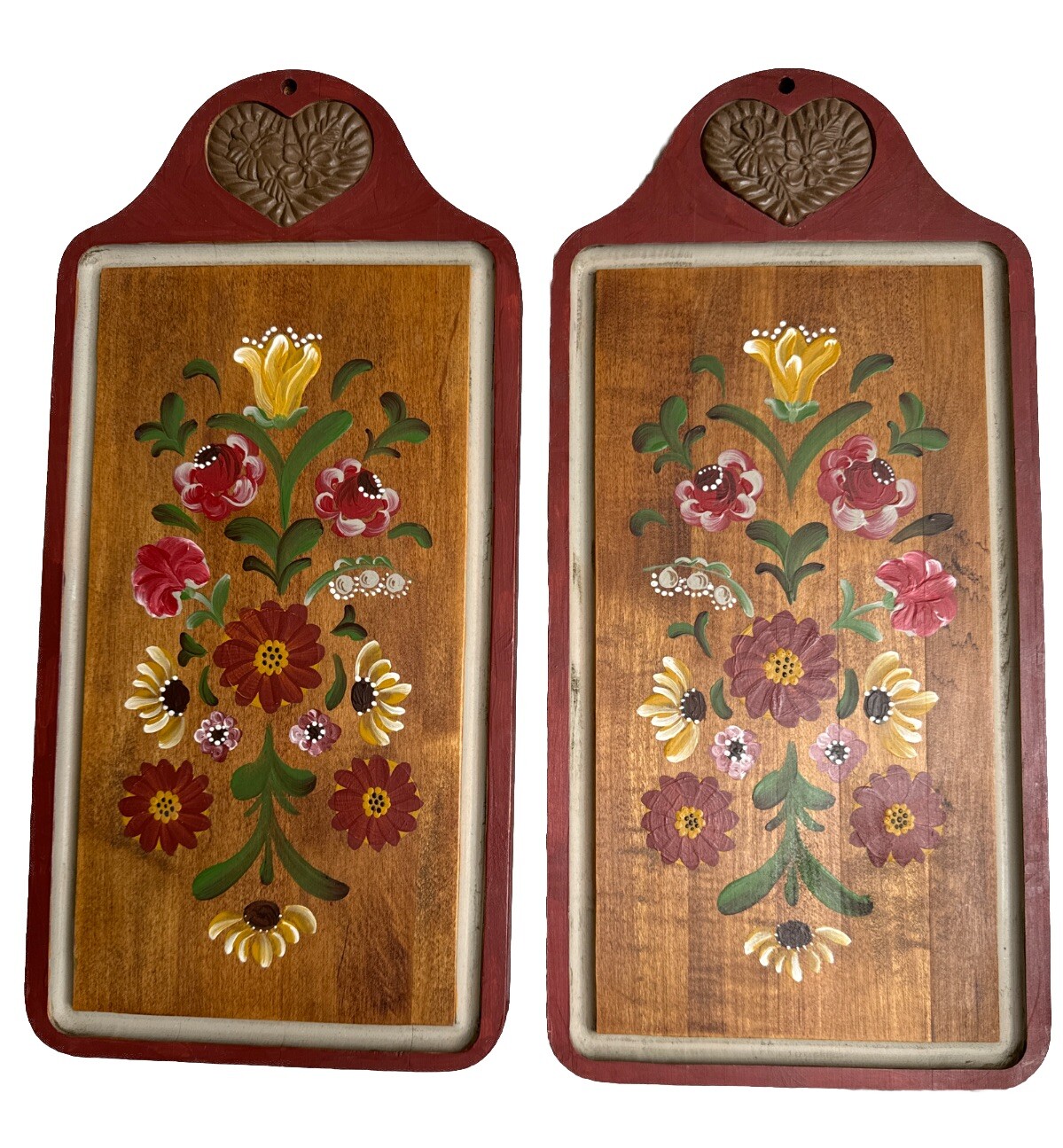 Two Floral Folk Art Signed Wood Tole Plaques PA Dutch – Heart Inserts – 7”x15”
