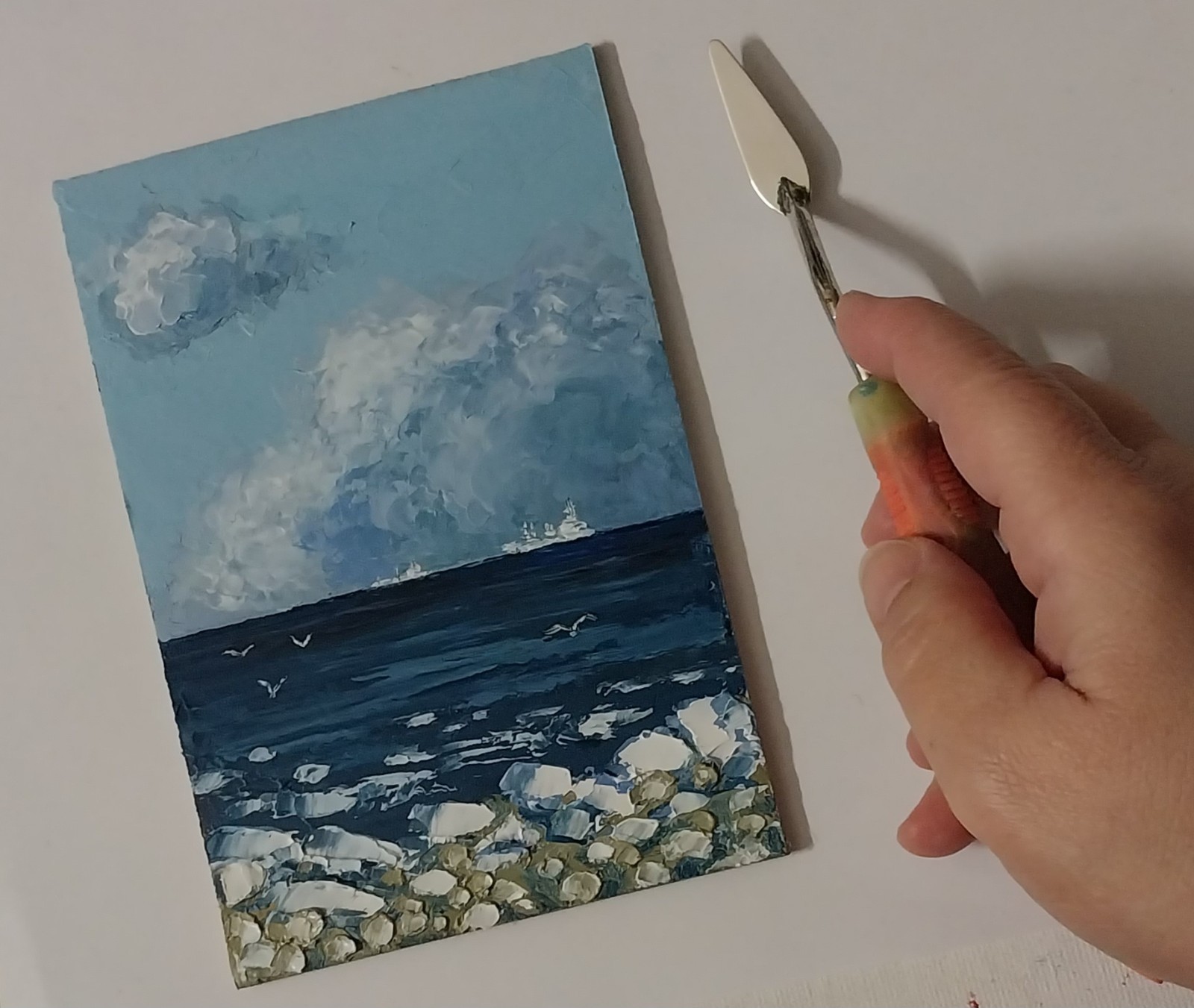 Framed Cloudy Sky Seascape Ships Winter Seashore Art 4×6” Original Oil Painting