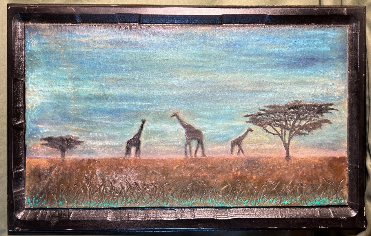 Vintage MDF Wood Panel Carving African Landscape Painting Giraffe Africa Art