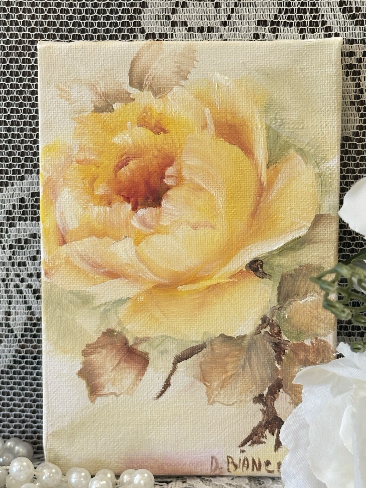 Romantic pink romantic single Yellow rose handpainted oil on 4 x 6 canvas￼signed