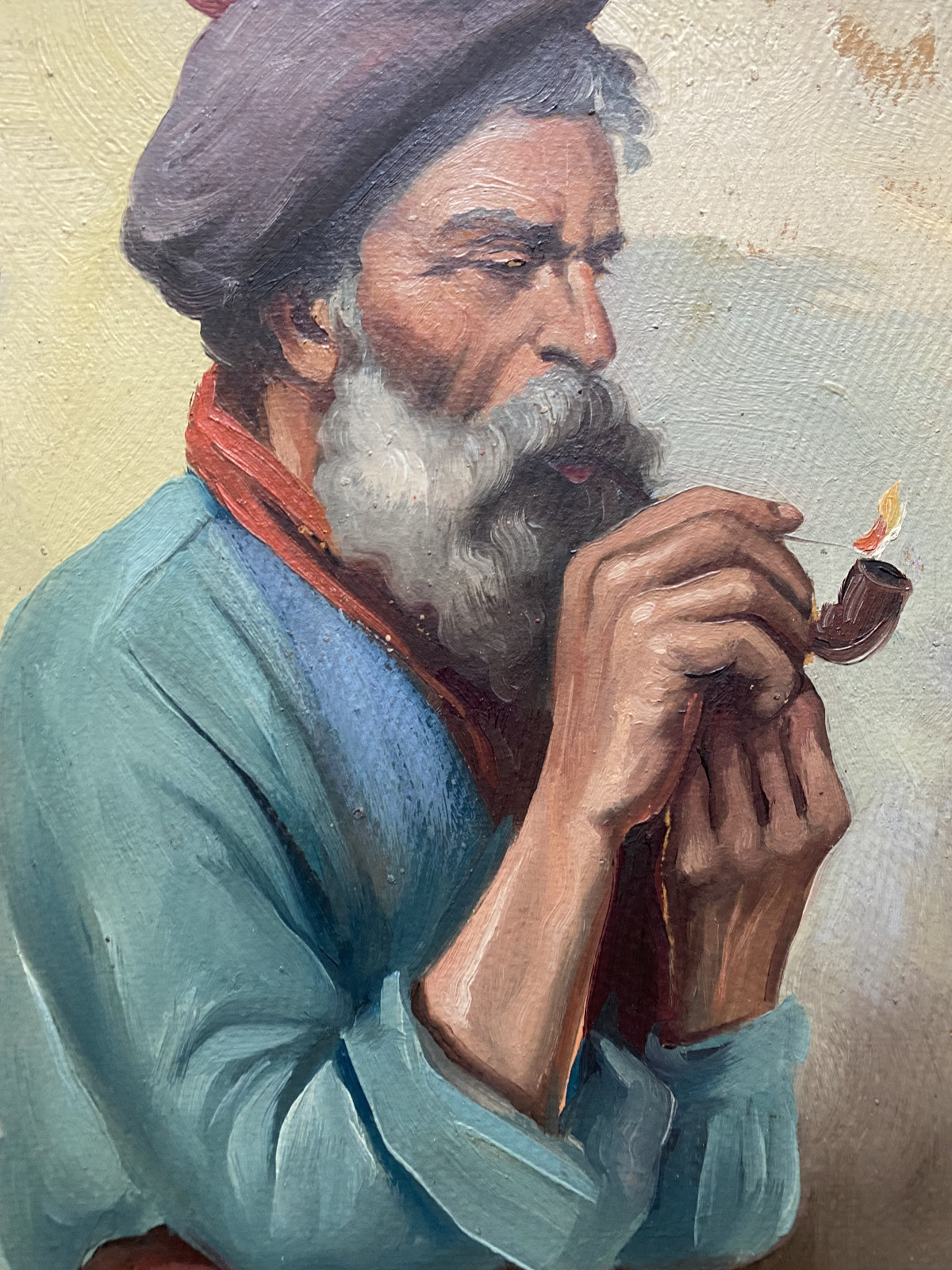 Oil Painting Portrait Man Old Pipe And Hat Everyday Life Signed Ricci