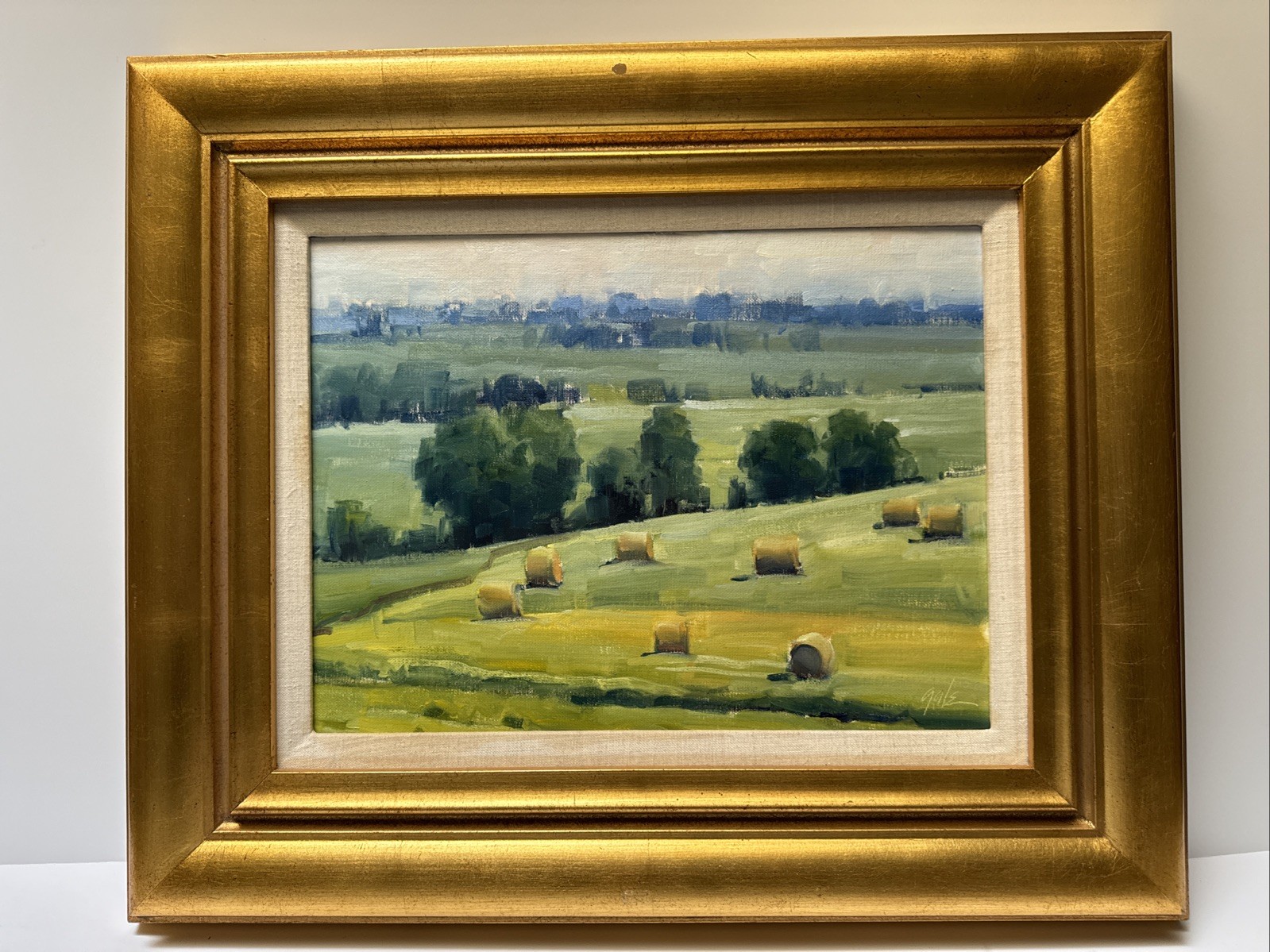 MARK GALE PAINTING IMPRESSIONIST FARM LAND HAY BAILS LANDSCAPE FAMOUS LISTED 16″