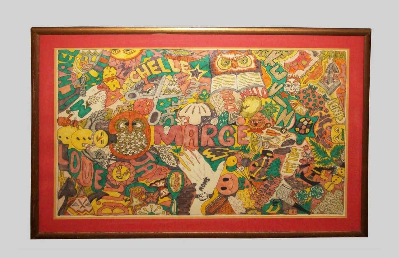 Old Vtg 1970s Belleville Ill Watercolor Pen Painting Psychedelic Art Peace Love