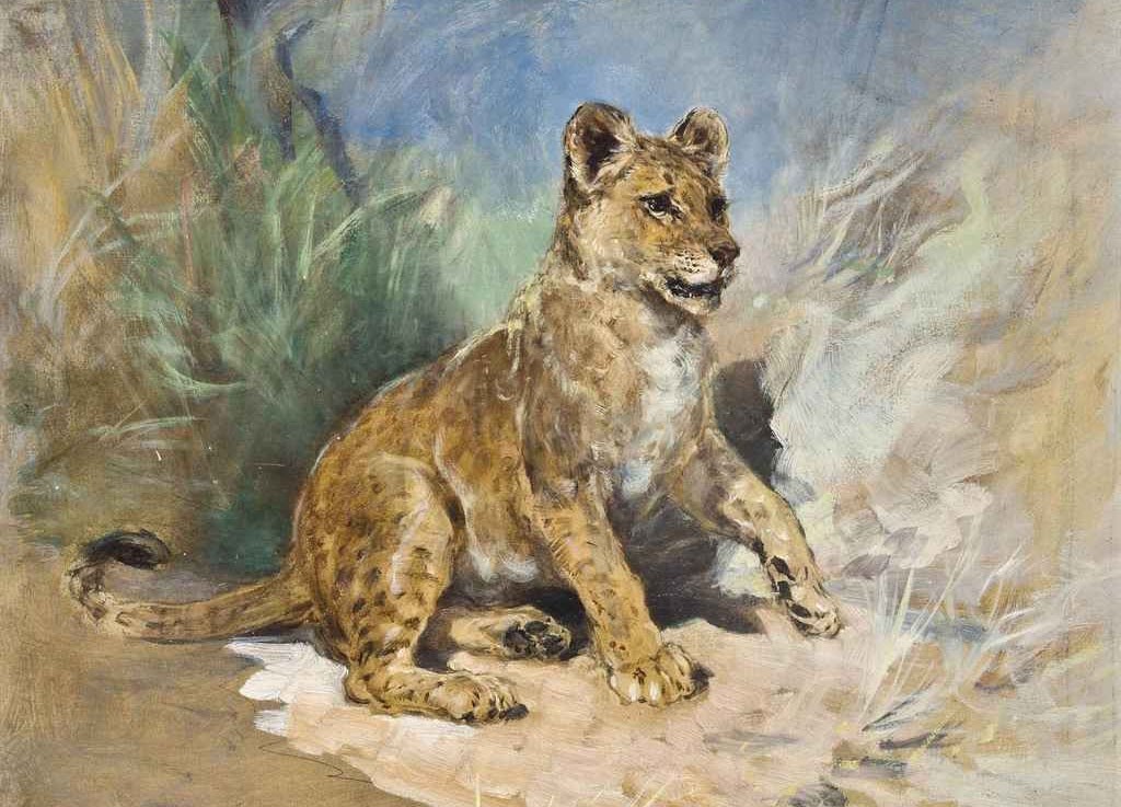Oil painting A-Lion-Cub-Heywood-Hardy-Oil-Painting wild animal landscape canvas