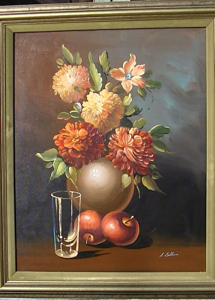 Original Oil on Canvas Still Life Painting w/clear Glass Signature NOT SURE