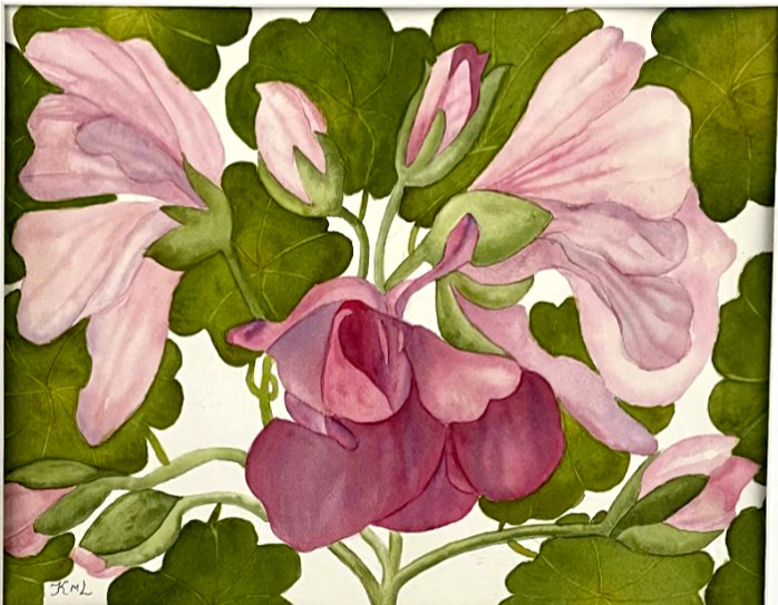 PAINTING WATERCOLOR 11X14 AND MAT 16X20 FLOWER GERANIUM PINK PURPLE ORIGINAL ART