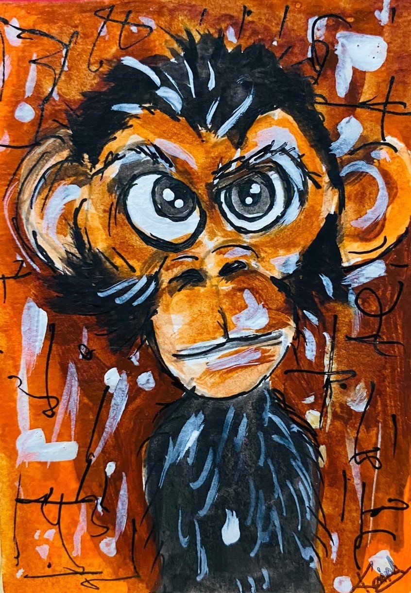 ACEO Whimsical Monkey Portrait Wide-Eyed Funny Animal Acrylic Painting Art Card