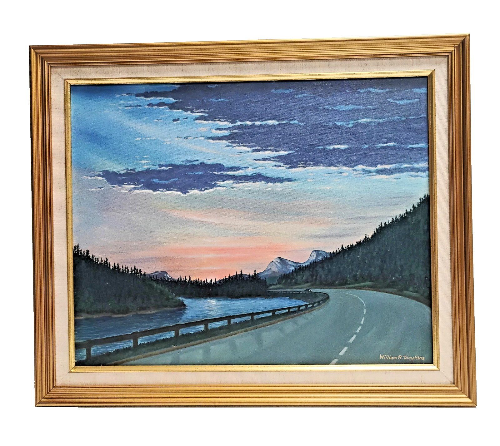 William Tompkins Mountain Road Landscape w/Car Oil On Canvas Painting 20X24