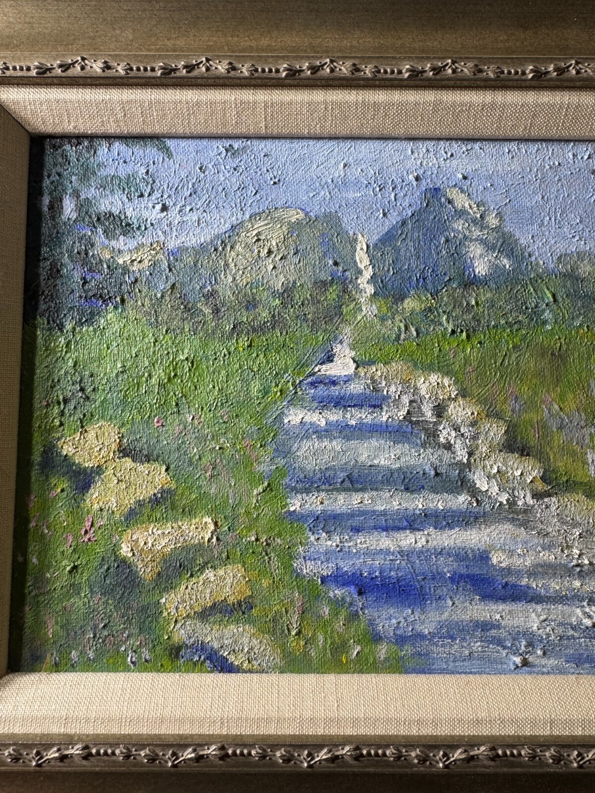 «Cascading River And Landscape Scene» Oil On Board Painting – Framed