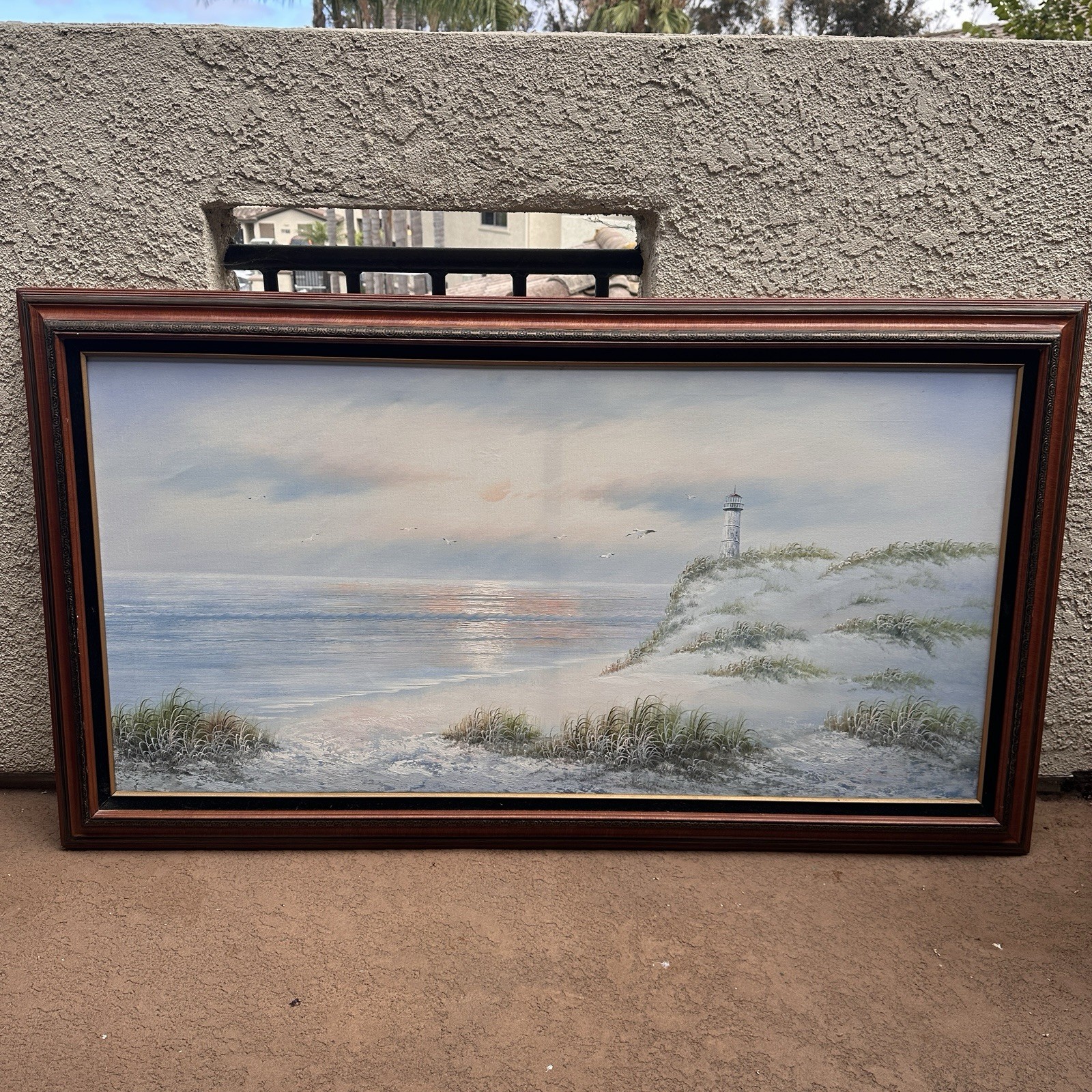 Original L. Marcus Oil on Canvas – Coastal Lighthouse Seascape 54″×30.5″
