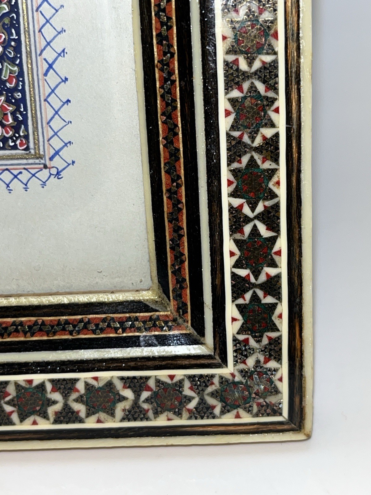 Signed Persian Miniature Art 7×9 Camel Bone Inlaid Vintage Khatam Mosaic Frame