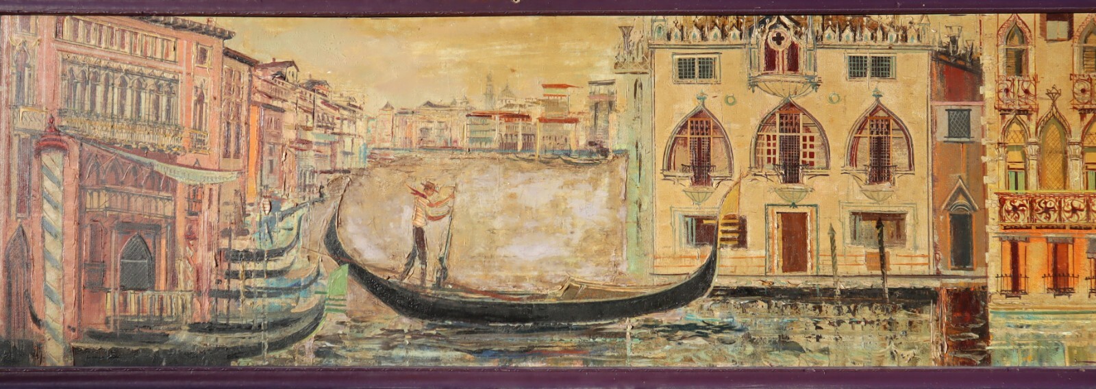 Antique Large Landscape Painting of a Gondola on a Canal in Venice, Italy 59×21