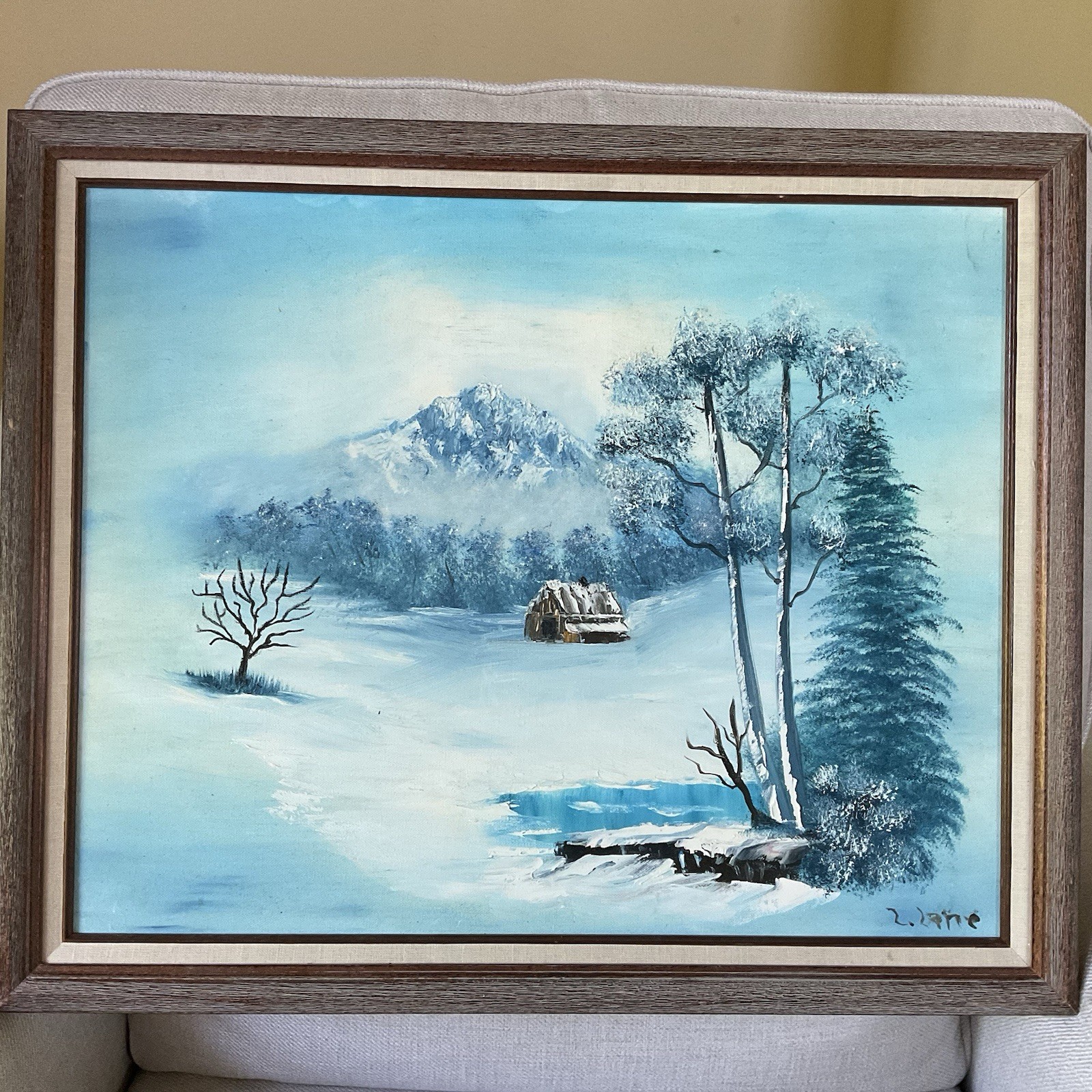 Original Oil Painting Signed 18.5×22.5 Framed Winter Snow Cabin Mountain Bob Ros