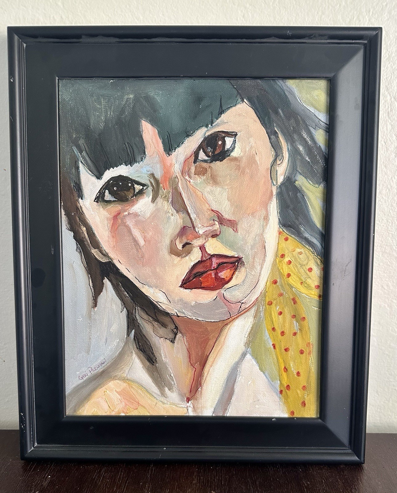Original Portrait Painting Asian Girl Woman Yellow Scarf Framed Canvas Art 14×17