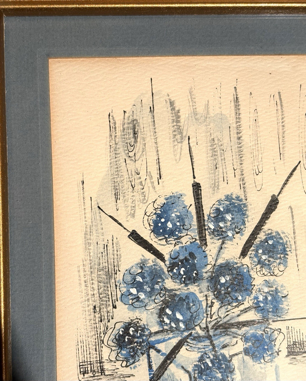 Original Vtg Small Watercolor Painting Gold Framed Art Blue Flowers Floral 9×7