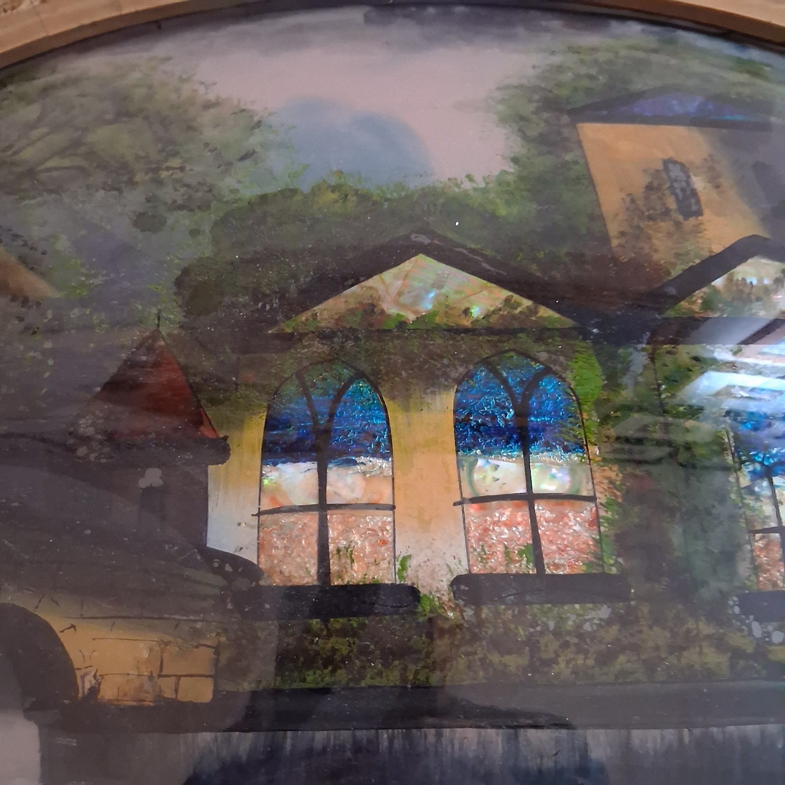 Antique Japanese Reverse Bubble Glass Painting In Original Frame 23″ × 16″