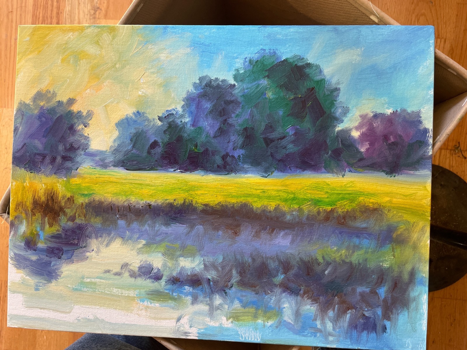 SUNLIT POND WITH FISHERMAN – Original Oil Painting 12×16 Canvas Panel by Andrew