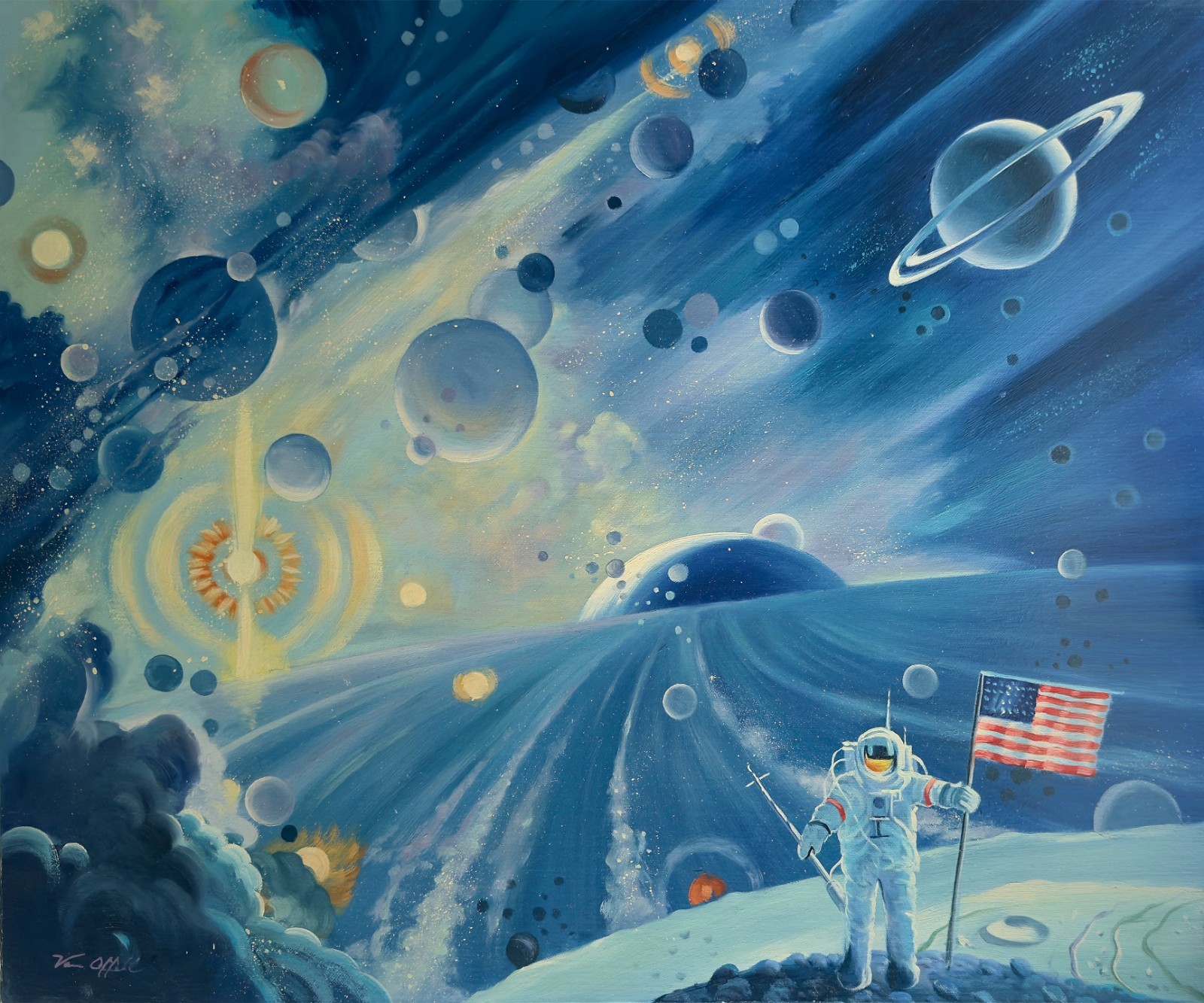 Astronaut and Cosmic Space – 20×24 inch oil painting on canvas