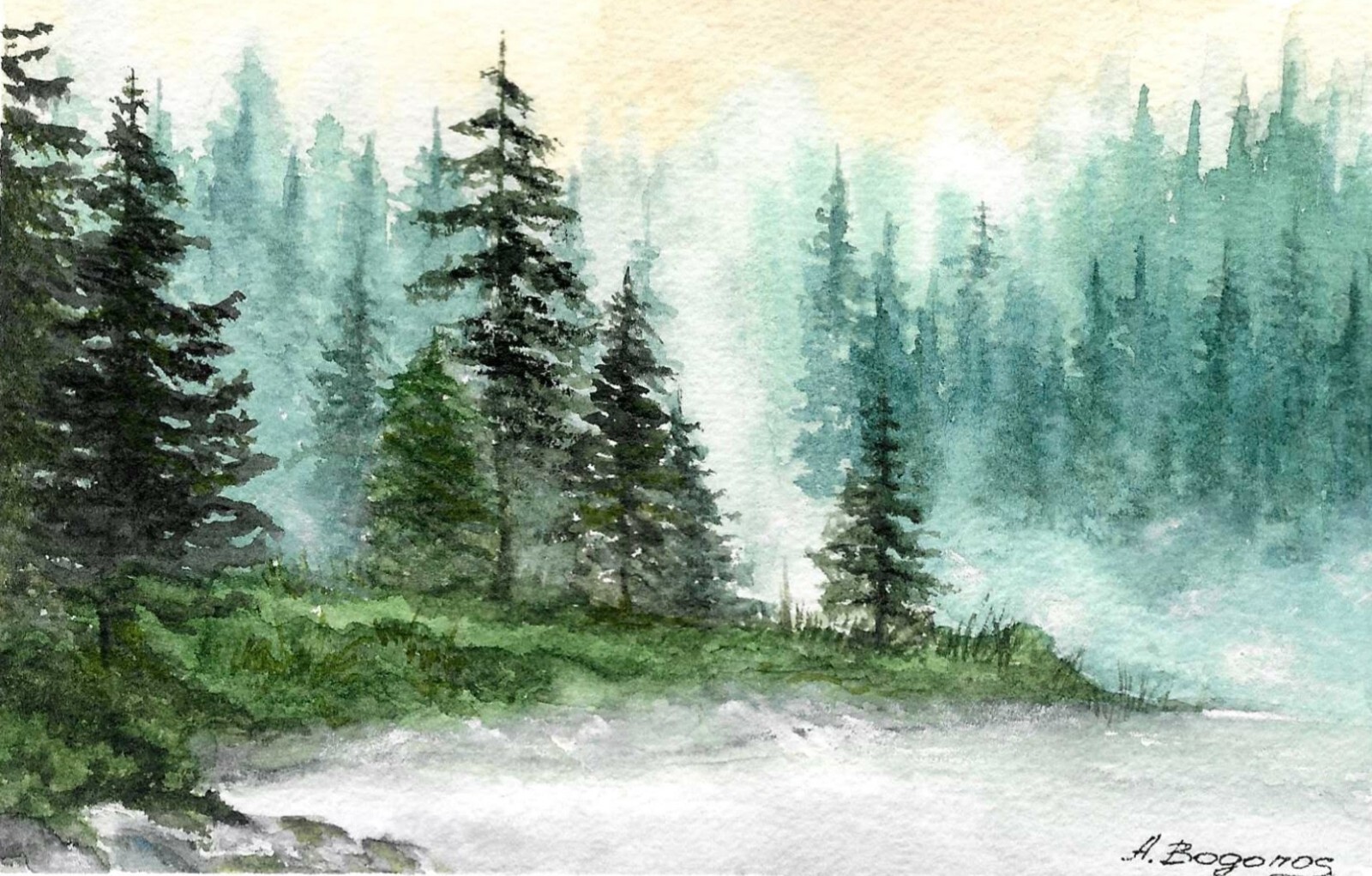 Original Watercolor Painting The Foggy Forest № 4 Series Fog 5X7 in Landscape