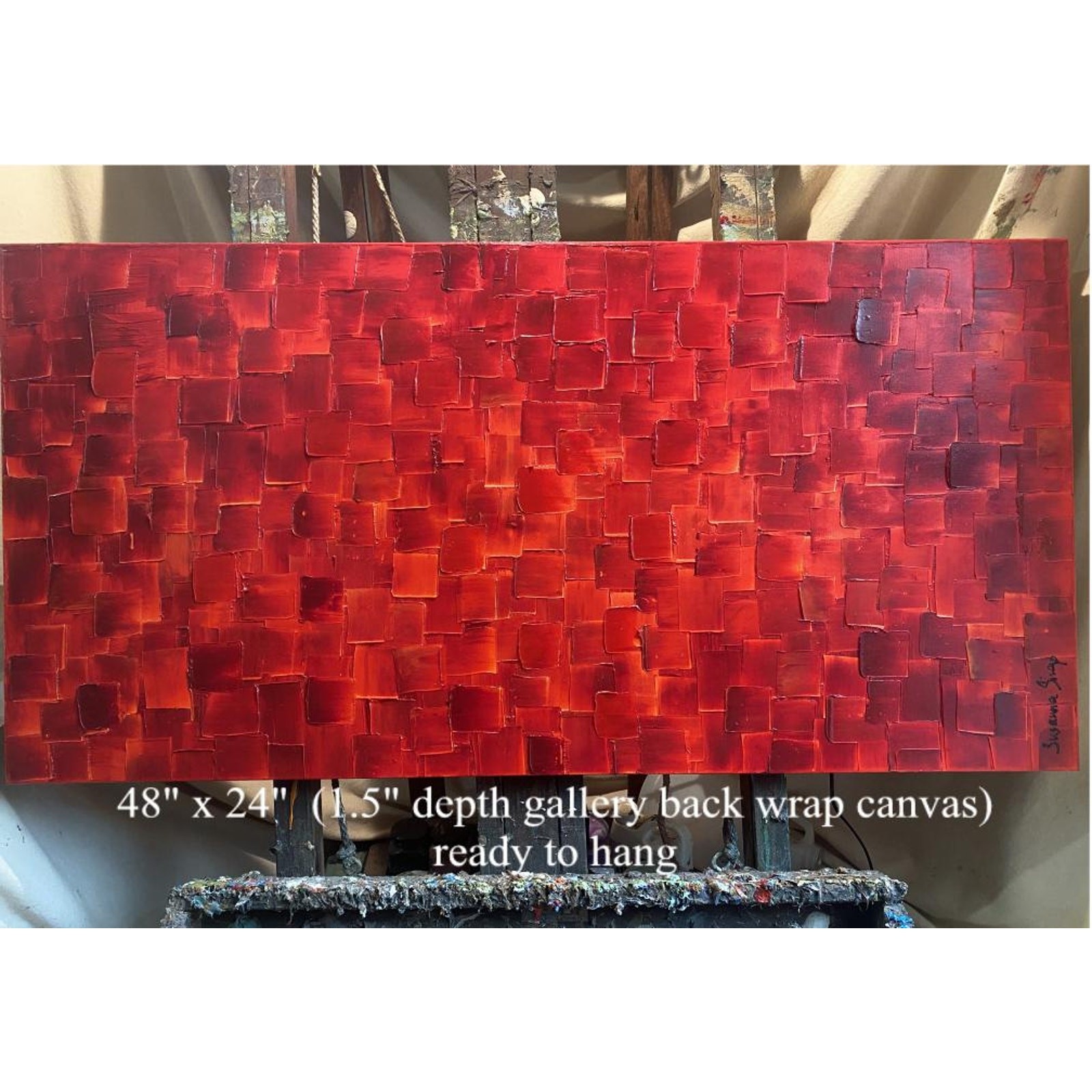 ORIGINAL Large Red Abstract painting, Squares, Geometric Textured Fine Art 48×24