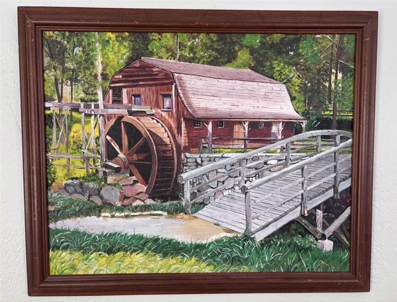 Vintage 1985 Signed Landscape Painting – Watermill Scene – Peggy Walker – Framed