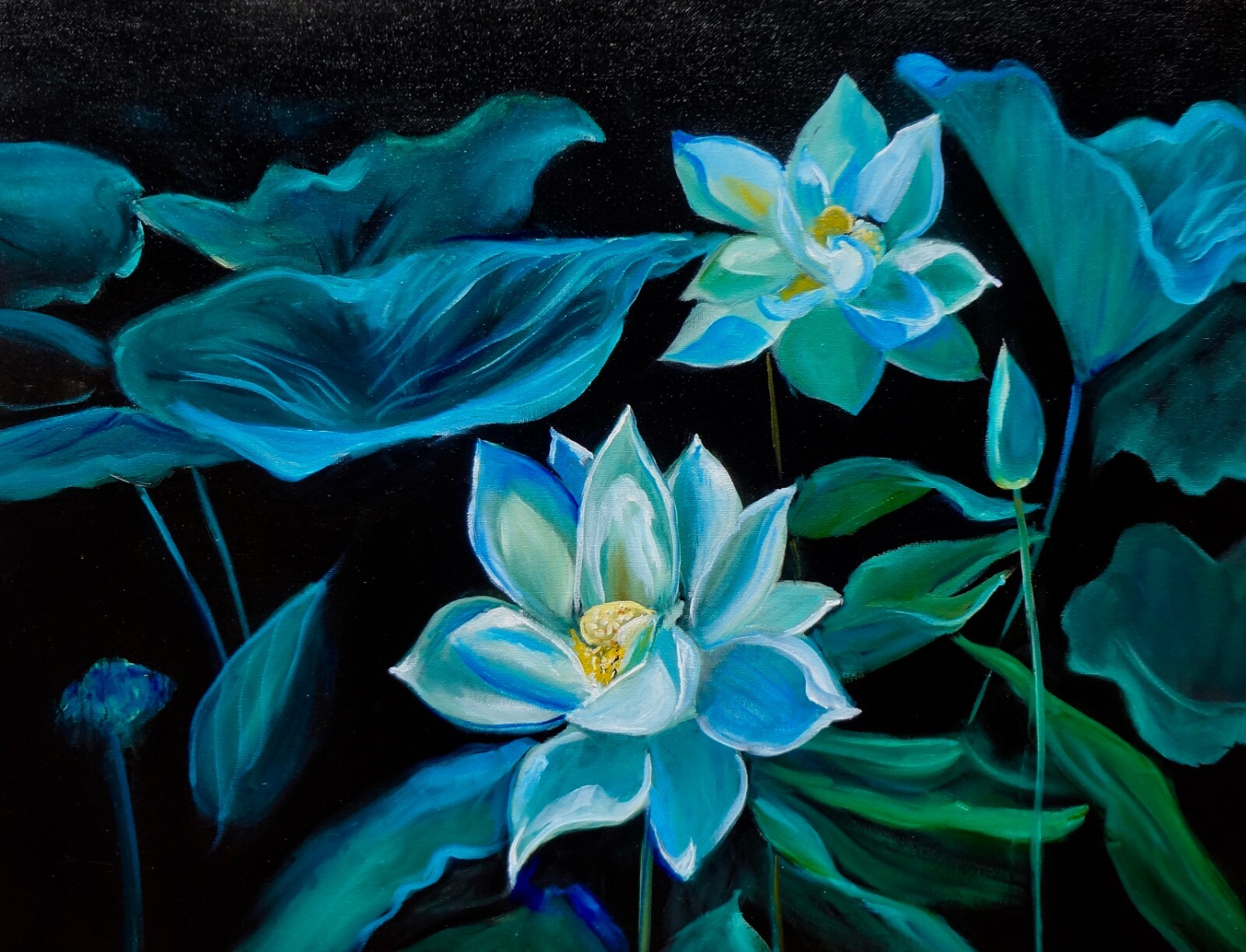 HAWAII ARTIST «Lovely Lotus Flowers» OVERSIZE PAINTING ONE OF A KIND