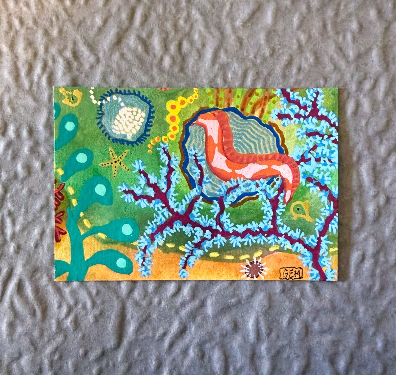 ACEO ATC Original Watercolor & Paint Pens , Bright Abstract Sea Life, 3.5″x2.5″